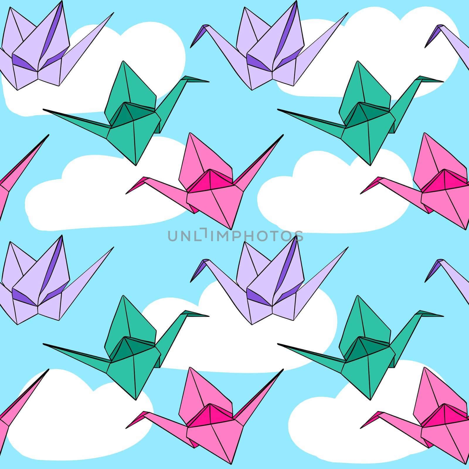 Hand drawn seamless pattern with japanese origami paper crames birds on blue sky white clouds background. Pink purple green japan asian toy for kids children nursery decor apparel, love hope peace symbol traditional papercraft. by Lagmar