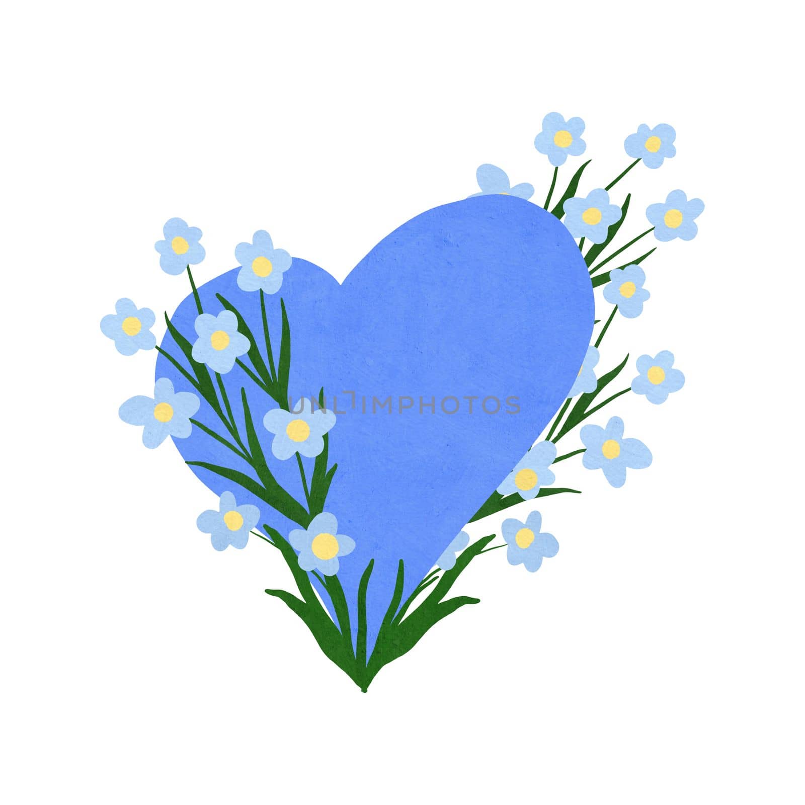 Hand drawn ilustration of blue heart shape with floral flowers. St valentines day love greeting invitation poster. Decorative holiday banner, gouache art texture, elegant pastel design