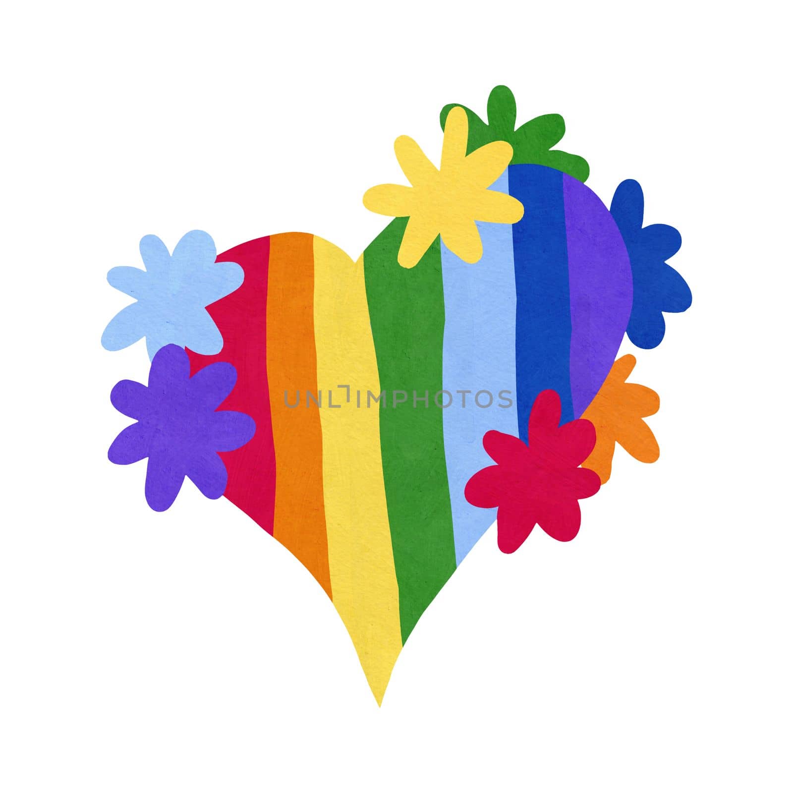 Hand drawn illustration of LGBTQ flag pride flag in heart shape with rainbow stripes flowers. Diversity decorative symbol poster, transgender bisexual homosexual tolerance festival celebration, romantic love design. by Lagmar