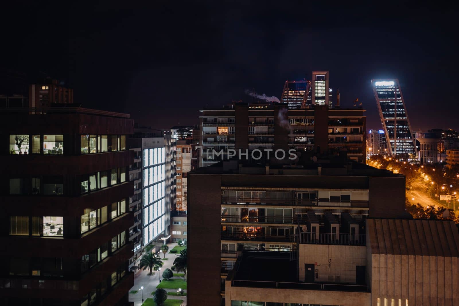 top view of Business area buildings in Madrid city. Horizontal view.