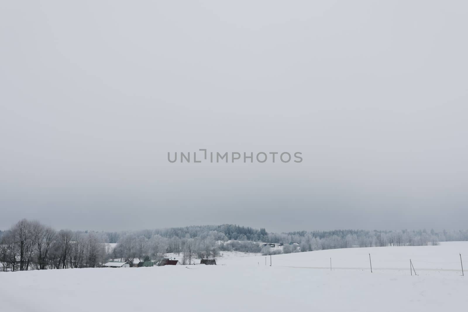 Rural beautiful winter landscape. Non-urban scene. New Year, Christmas. Copy space. Picturesque view of countryside on a frosty winter day