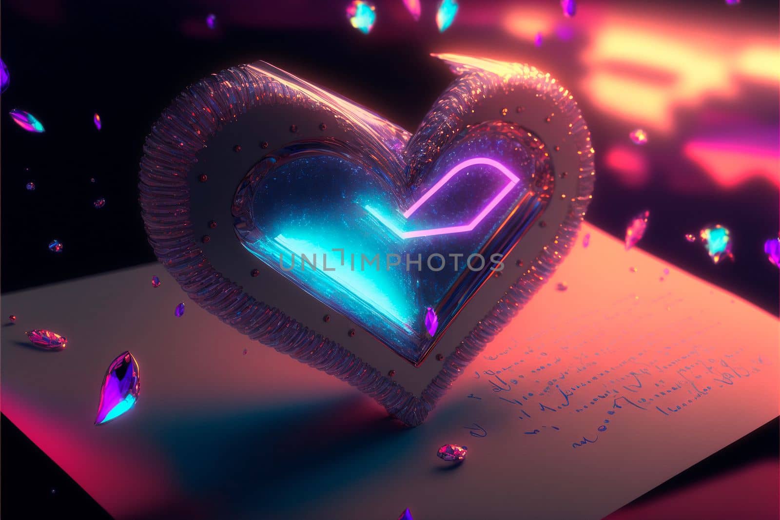 Glowing electronic heart on a letter. Cyberpunk style heart. High quality illustration