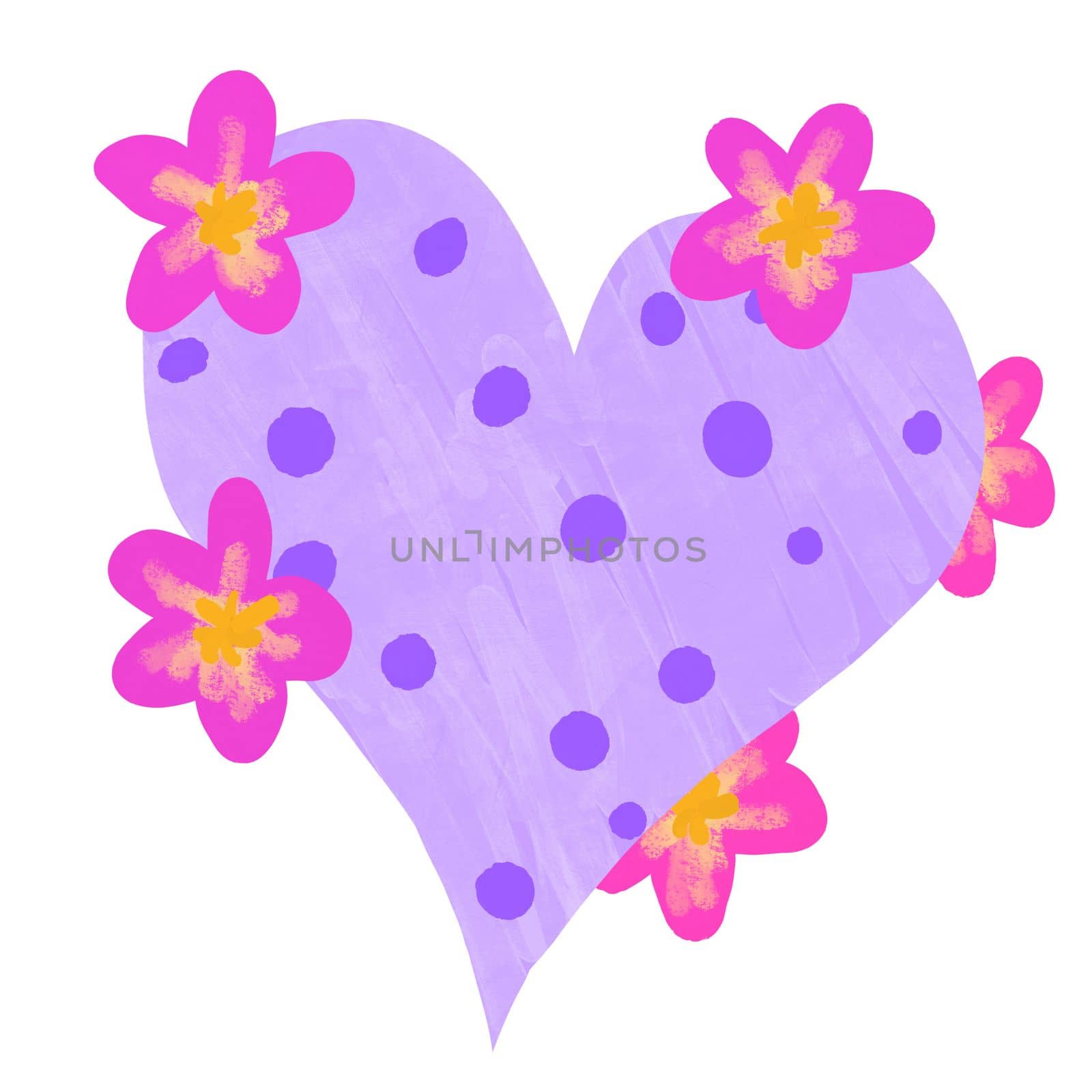 Hand drawn ilustration of purple pink heart shape with floral flowers. St valentines day love greeting invitation poster. Decorative holiday banner, gouache art texture, elegant pastel design. by Lagmar