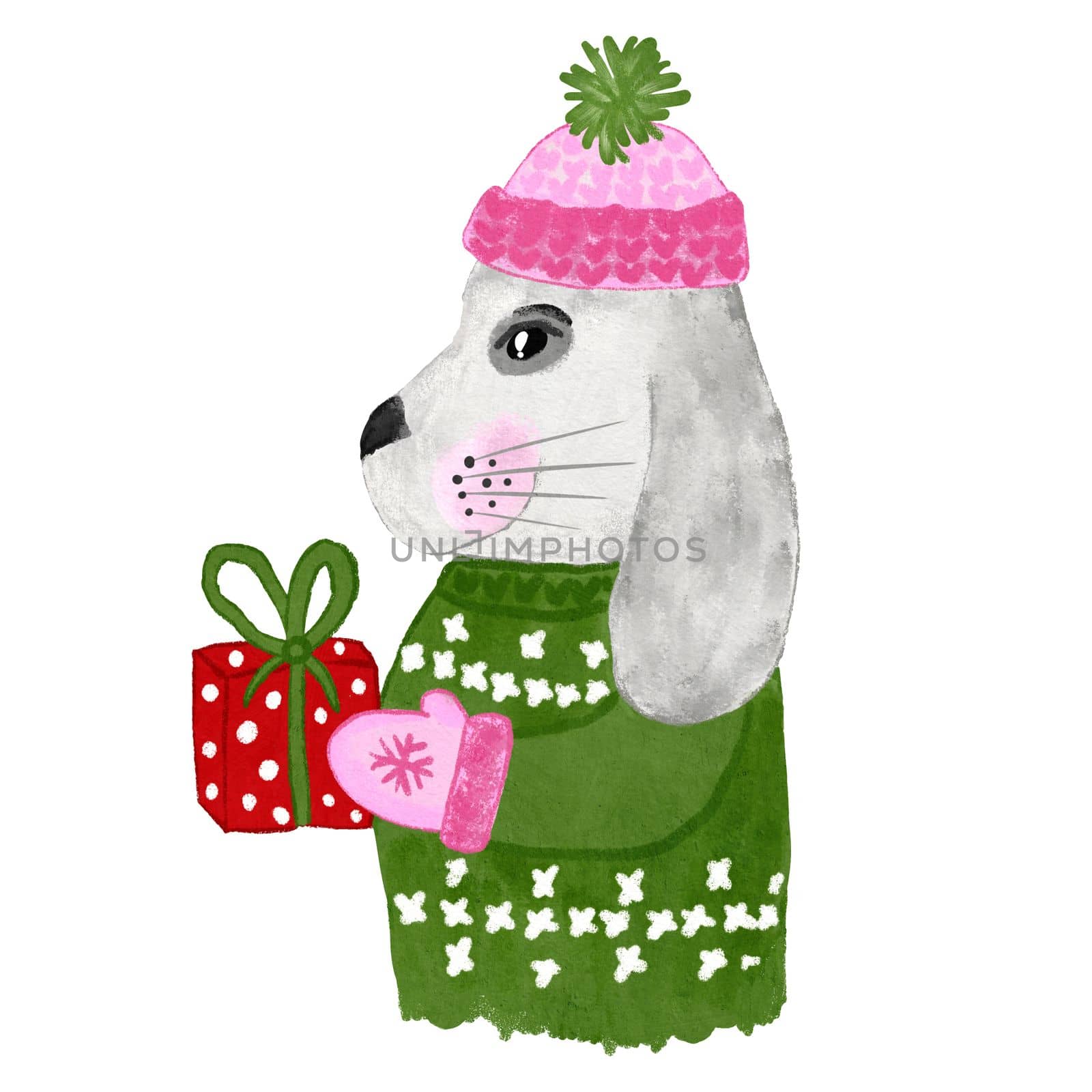 Hand drawn illustration of rabbit 2023 new year symbol with green pink gift present box ribbon bow. Cute kawaii cartoon hare bunny character, winter card poster invitation. Funny hat sweater gloves. by Lagmar