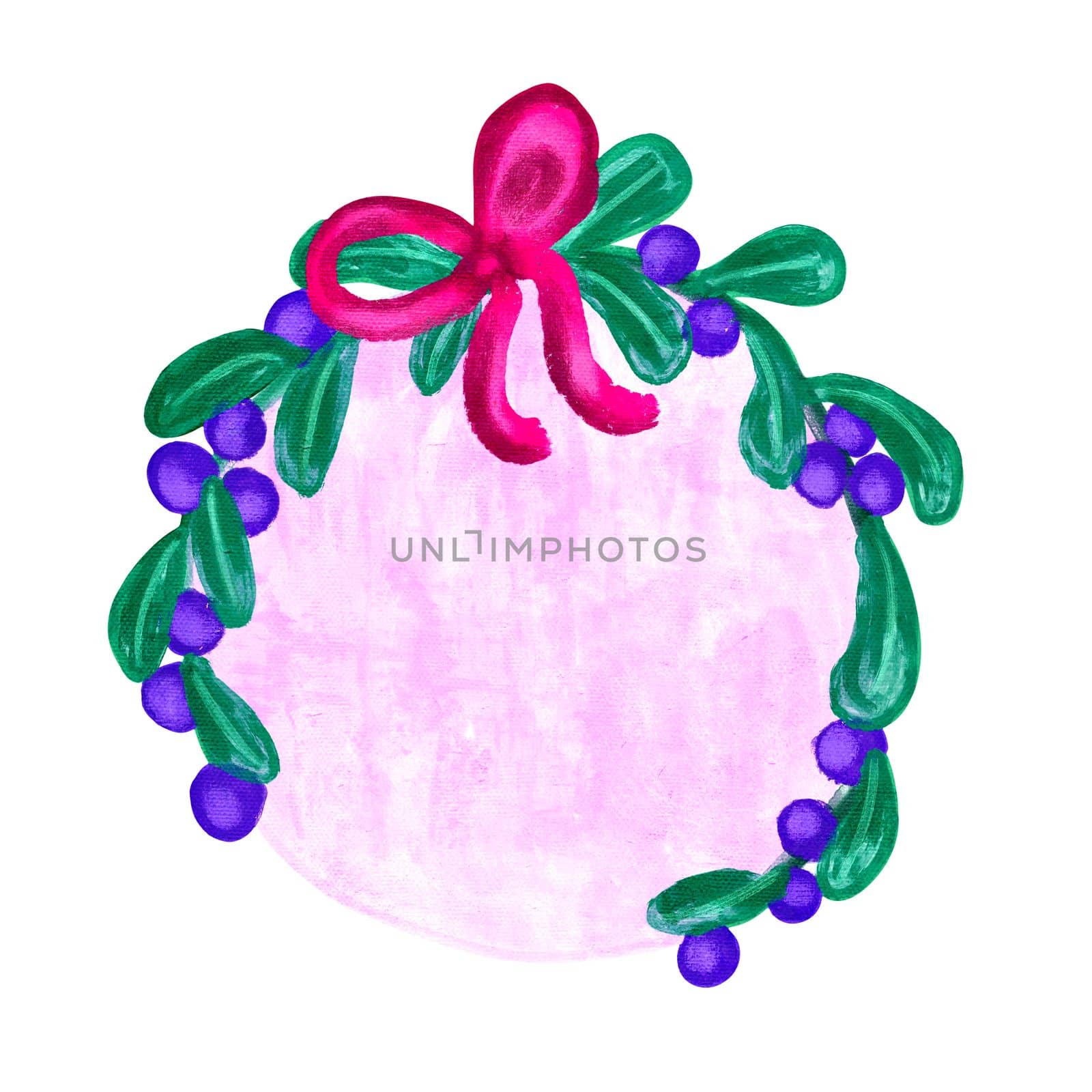Hand drawn illustration of christmas mistletoe shape frame with leaves ribbon bow on pink background. Oil paint texture, winter december invitation poster holiday decor, painterly loose brushstrokes greeting design