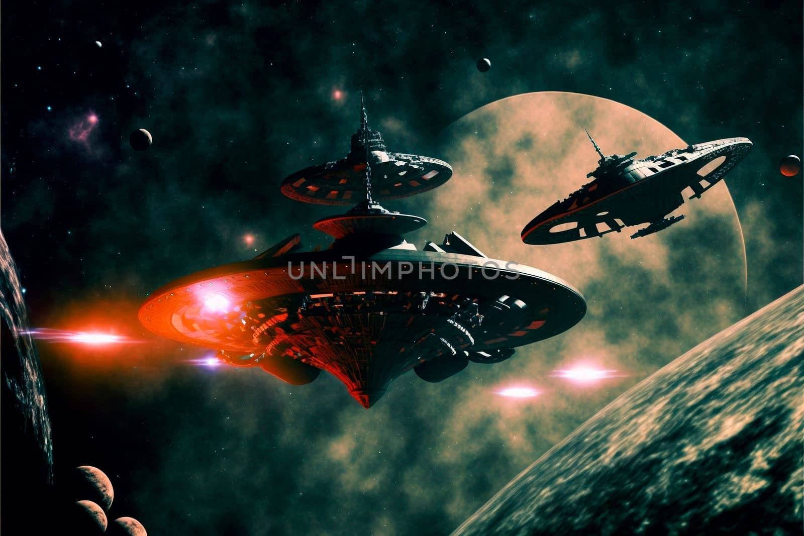 intergalactic spaceships on the background of planets and space. High quality illustration