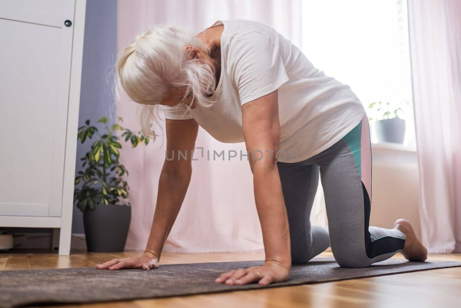 Senior woman working out at home, doing yoga exercise in the room downward facing cat pose, marjariasana for spine