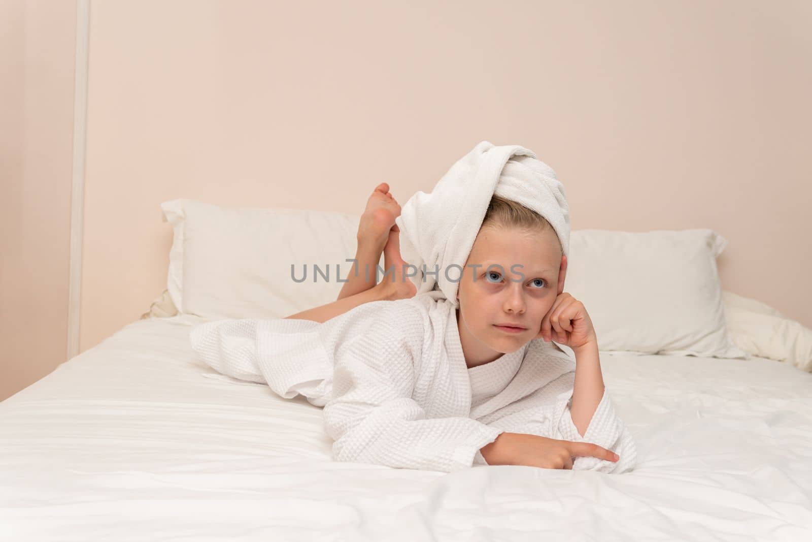 Smiling smile elbows coffee thinks Creek copyspace bathrobe girl cute, from people lifestyle from young and beautiful spa, little child. Hair head funny,