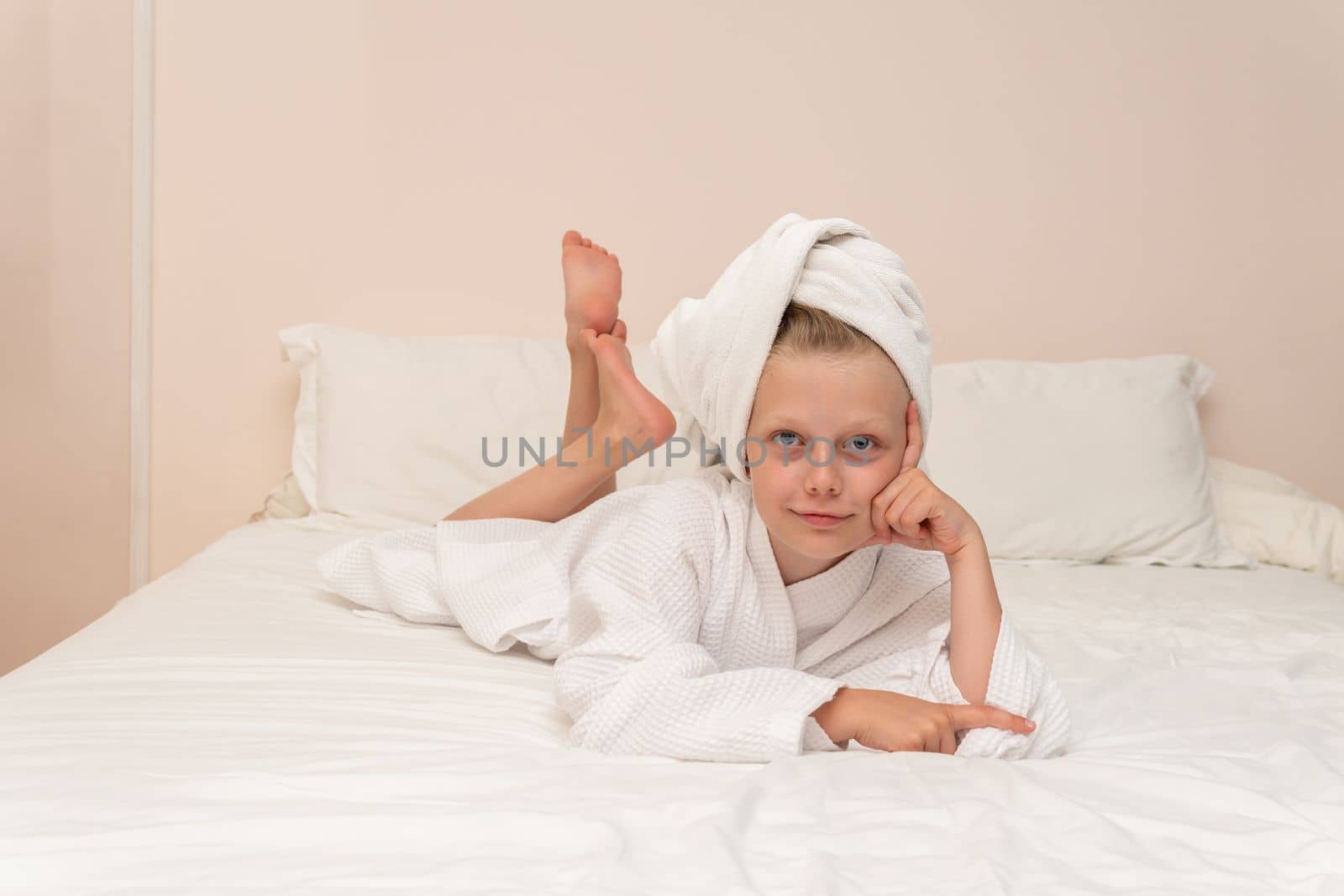 Smiling coffee smile elbows thinks Creek copyspace bathrobe bed cute, for bathroom dressing in shower for beautiful caucasian, take child. Hair health fashion, by 89167702191