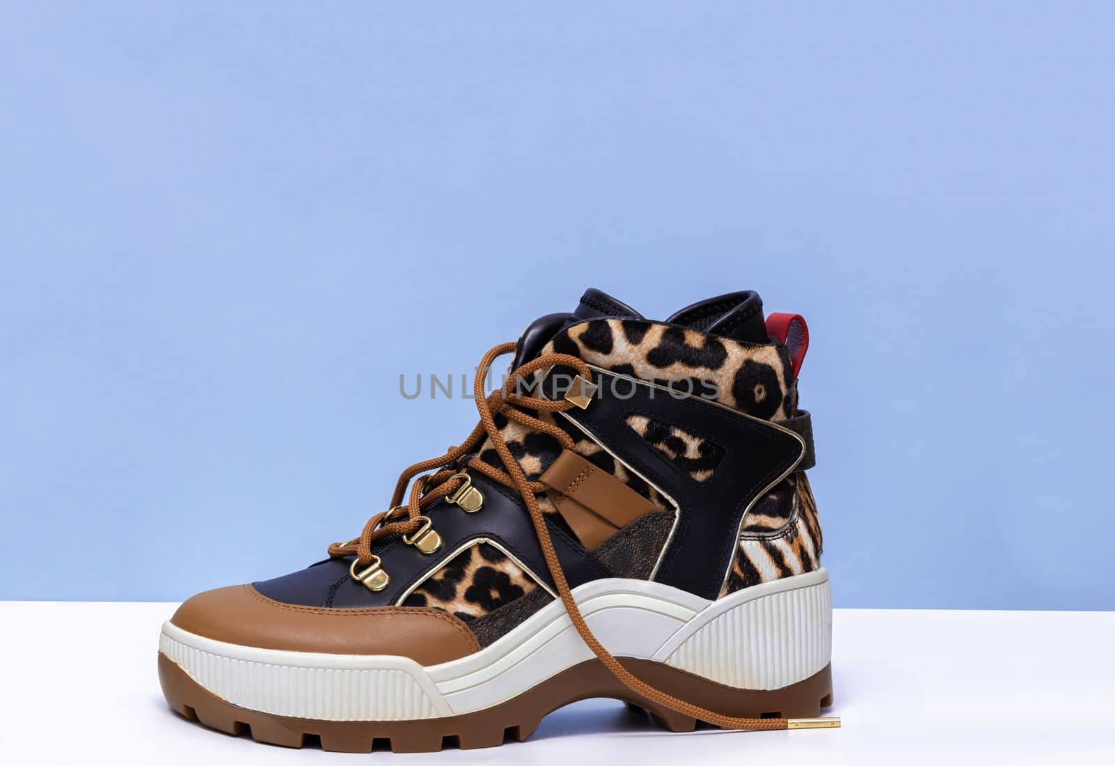 Women shoes brown leopard print on blue background. Modern autumn winter female boots. shopping concept.
