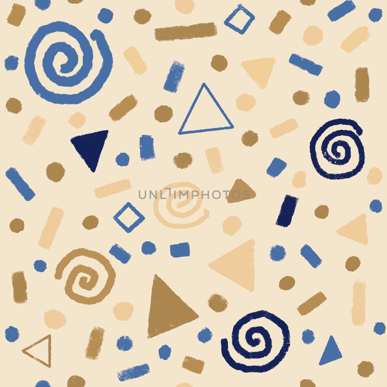 Festive seamless pattern with gold and blue doodles,swirls, stars, geometric elements.. Christmas background for wrapping paper, surface textures, scrapbook