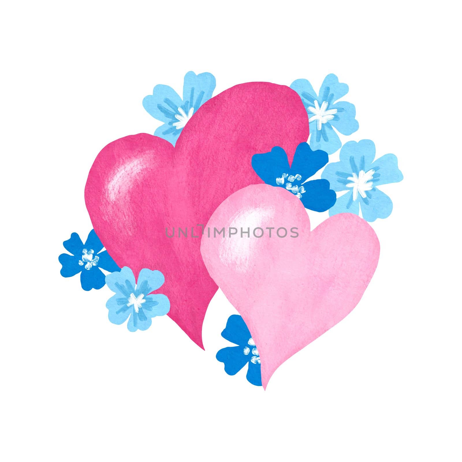 Hand drawn illustration of pink hears with blue forget me not flowers. St valentine day love cute card invitation poster. Pastel bloom blossom floral design botanical elegant print cute decoration nature. by Lagmar