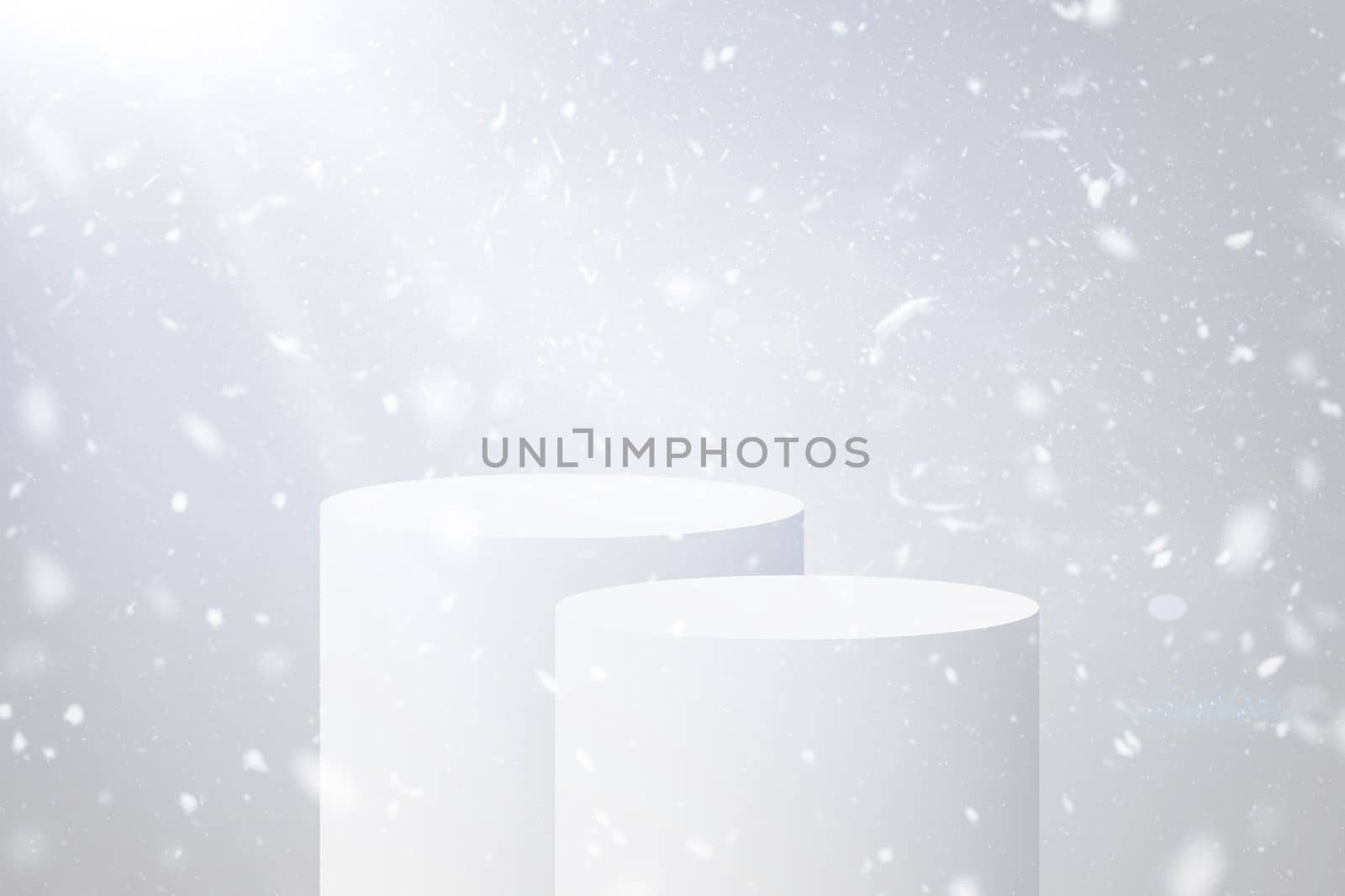 Realistic two product catwalks for winter and Christmas design with discount, sale. Catwalks, lights and falling snowflakes