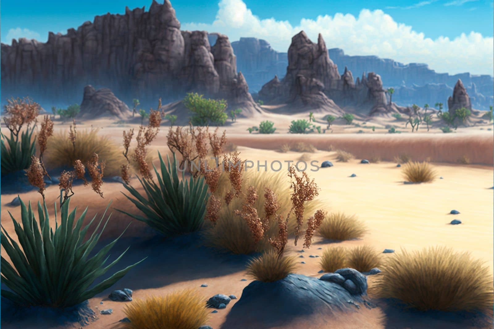 desert with mountains, cacti, bushes. High quality illustration