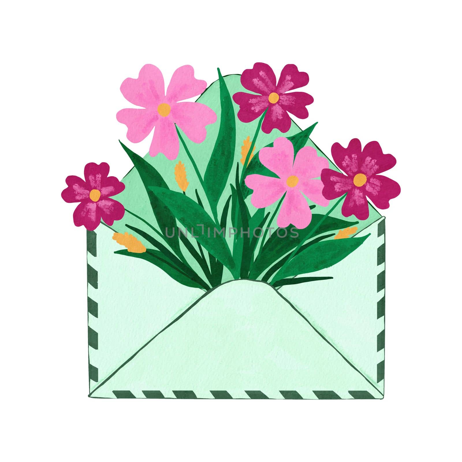 Hand drawn illustration of open letter envelope mailing list, sending business information invitation card. Pink spring summer flowers in green leaves red floral foliage, love thank you card