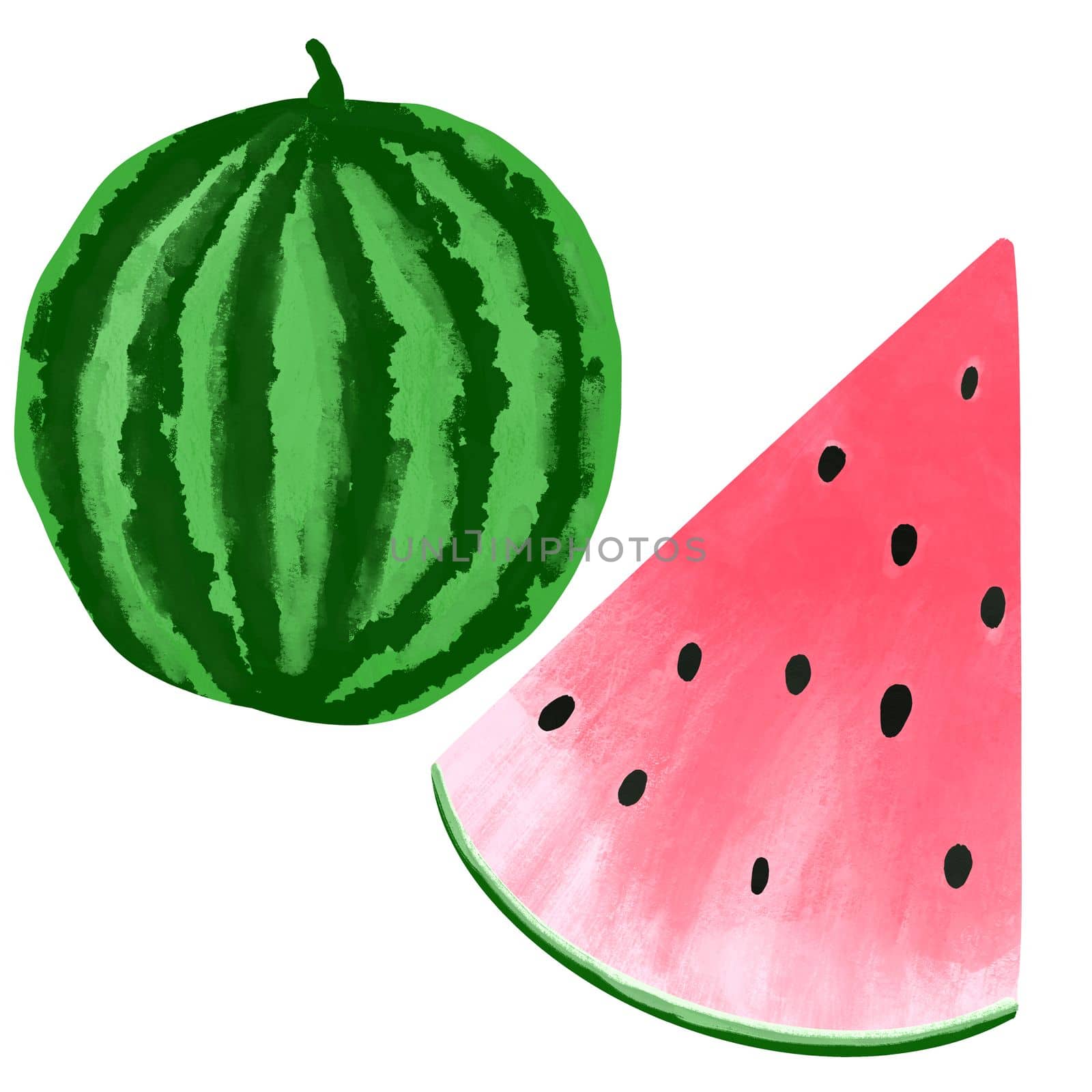 Hand drawn illustration of green red watermelon in simple minimalist style. Summer fruit party decor, healthy organic vegetarian vegan food, fresh tasty dessert slice closeup. by Lagmar