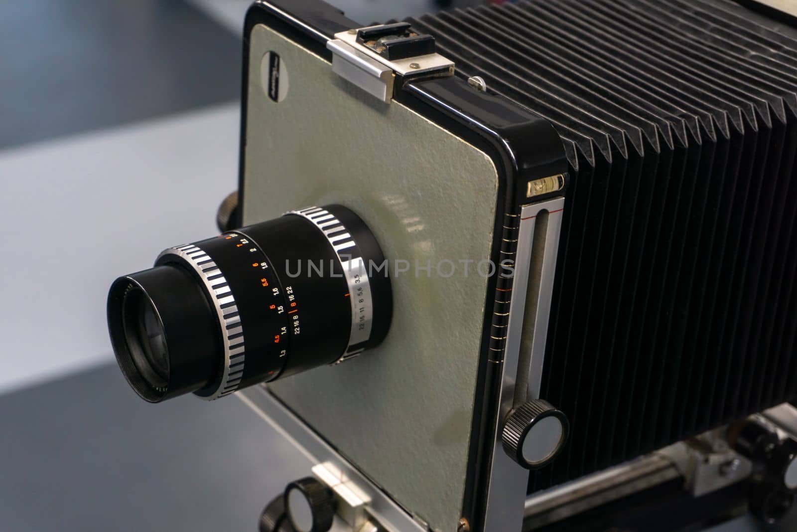 The old lens. Format camera. Cardan camera. Analog camera. Shooting on film or on paper. Retro camera close up