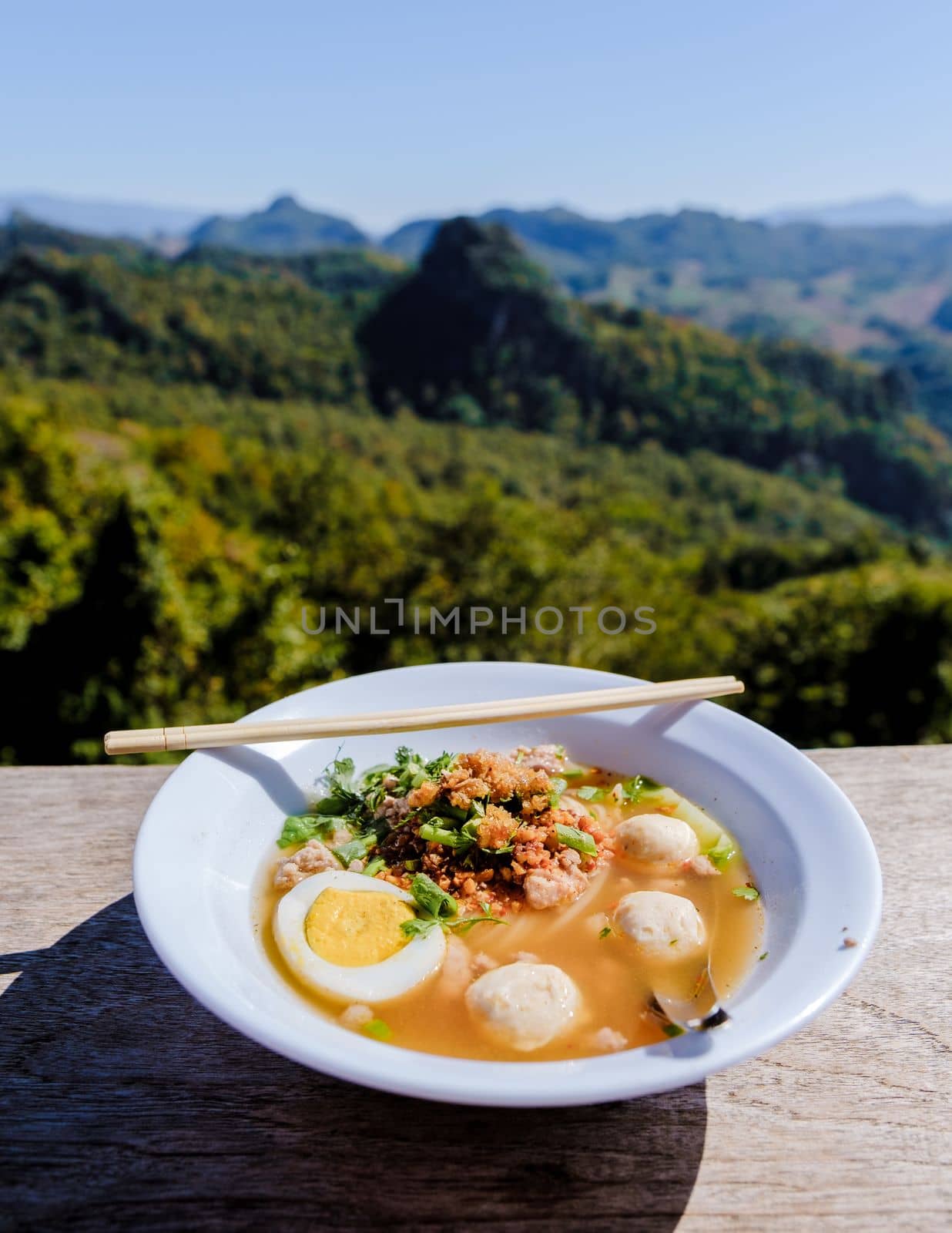 Noodle soup in the mountains of Northern Thailand Ban Jabo noodle restaurant is famous for its viewpoint.