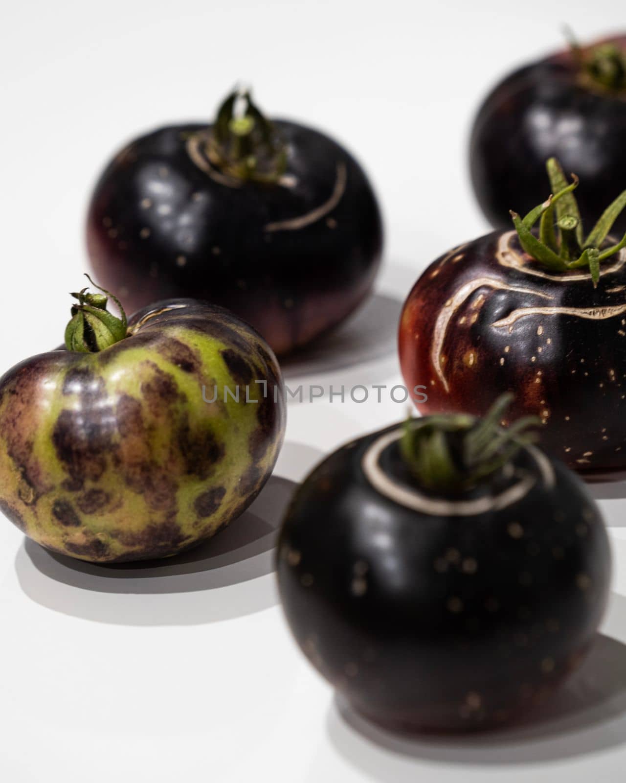 Close up of home grown blue tomatoes isolated on white background. Selective focus.