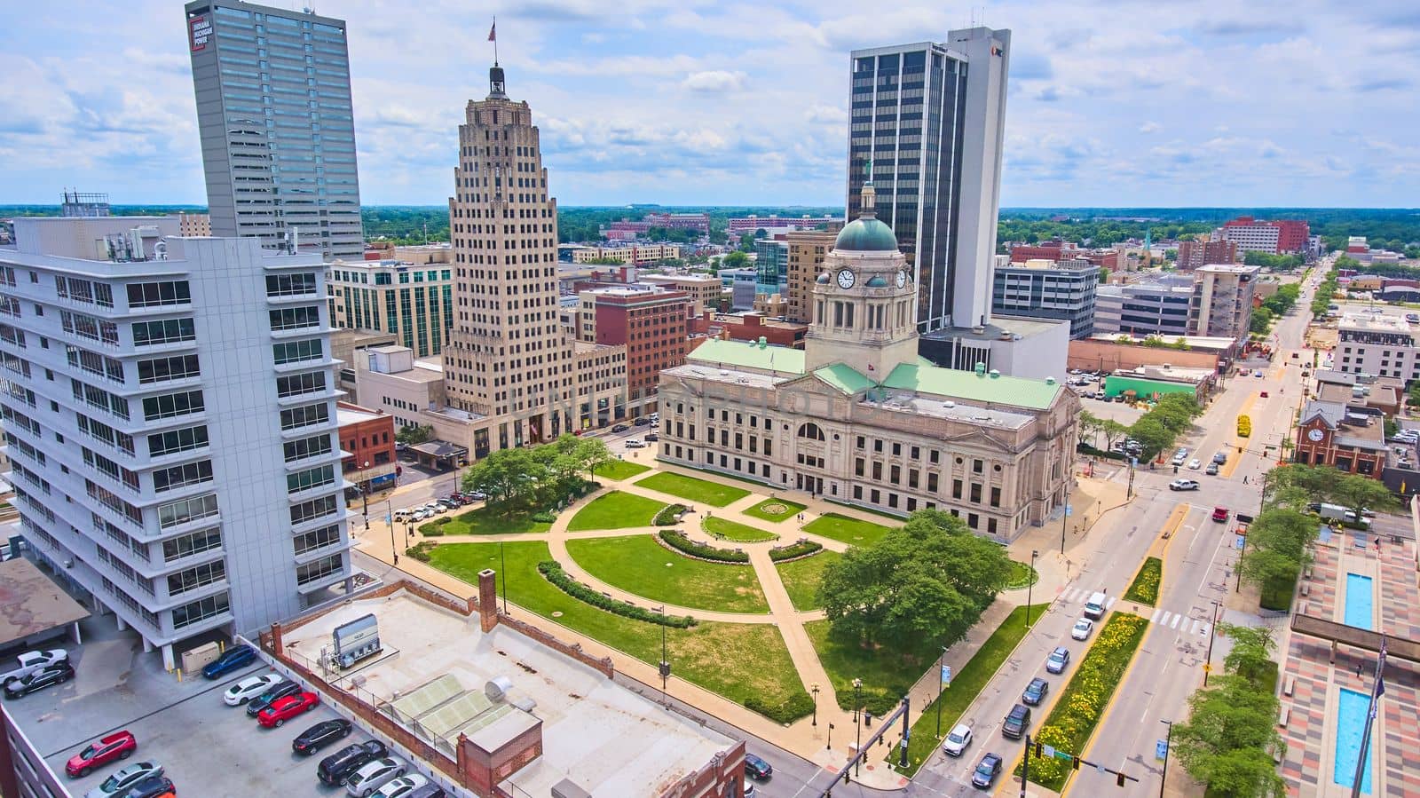 Downtown Fort Wayne aerial at Allen County Courthouse in Indiana by njproductions