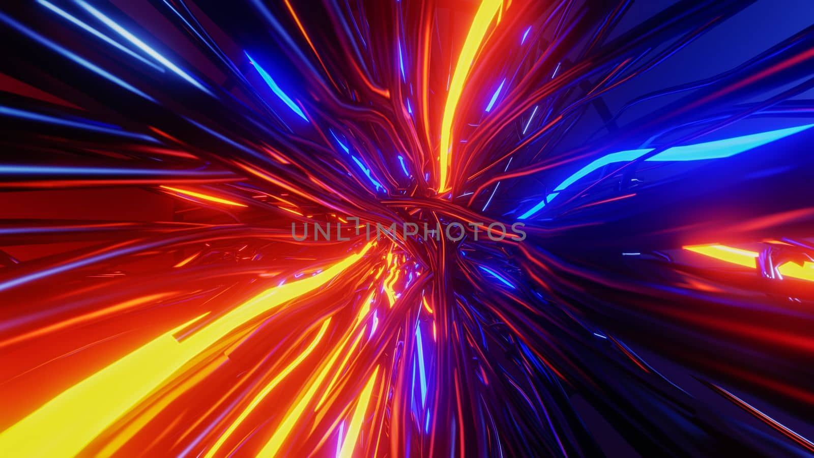 Flying through a tangle of colorful cables. 3D rendering illustration..