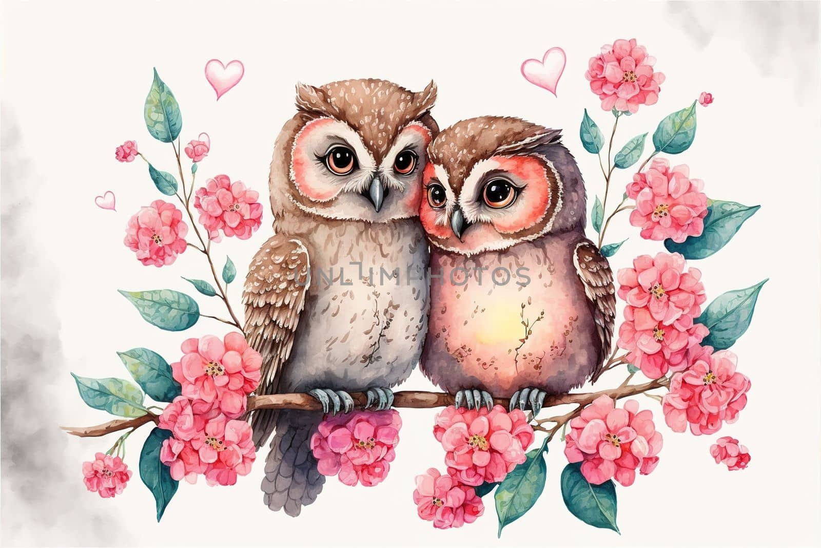 Cute little owl in love on romantic Valentine's day hand drawn cartoon style. Generative AI