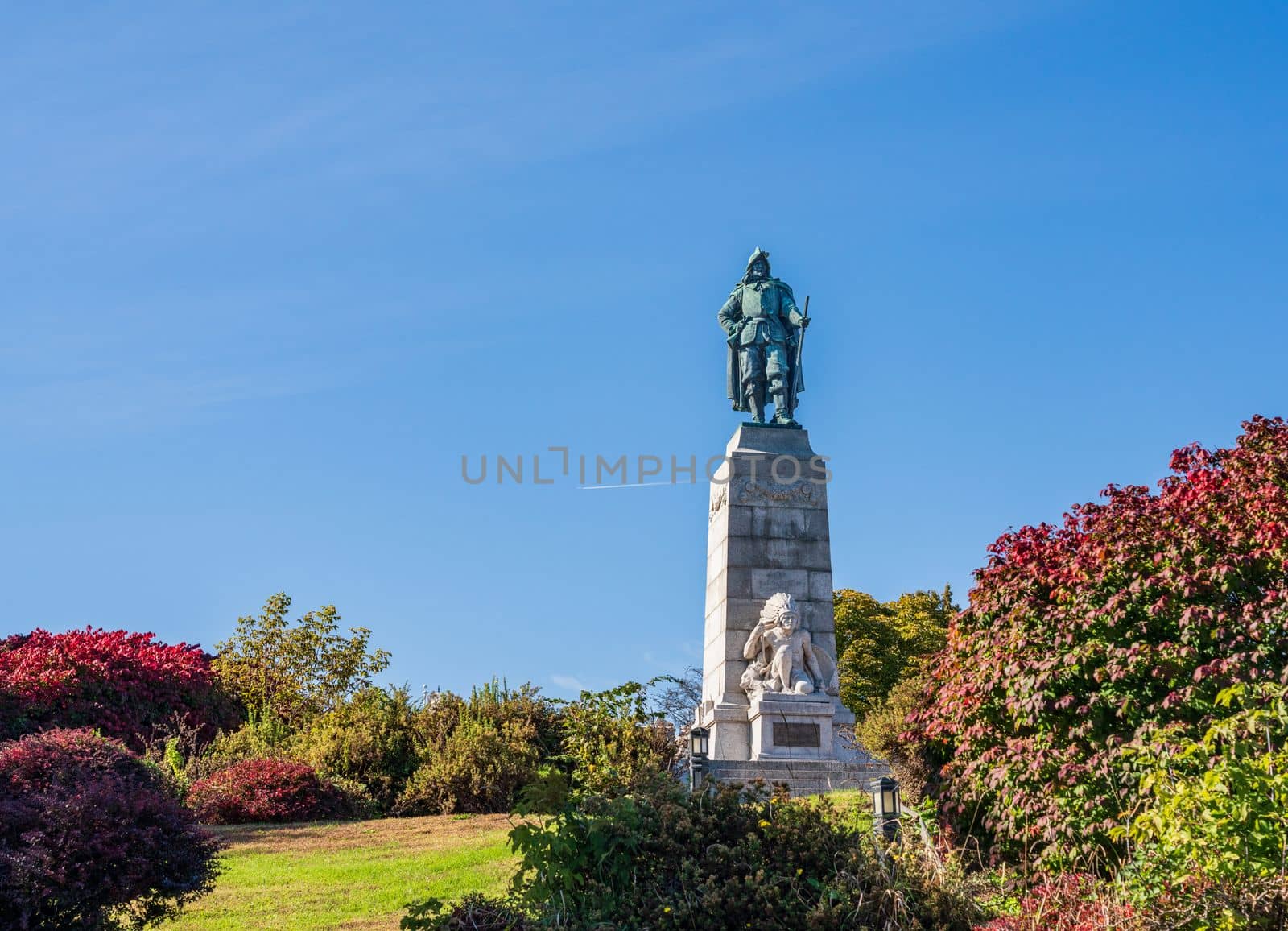 Bronze statue and monument to Samuel de Champlain in Plattsburgh in the northern part of New York State