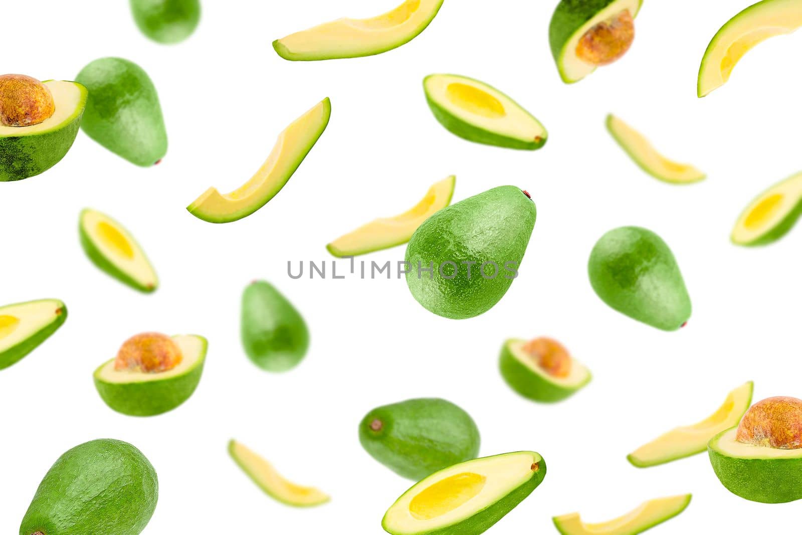 Falling avocado on white surface for advertisement by Ciorba