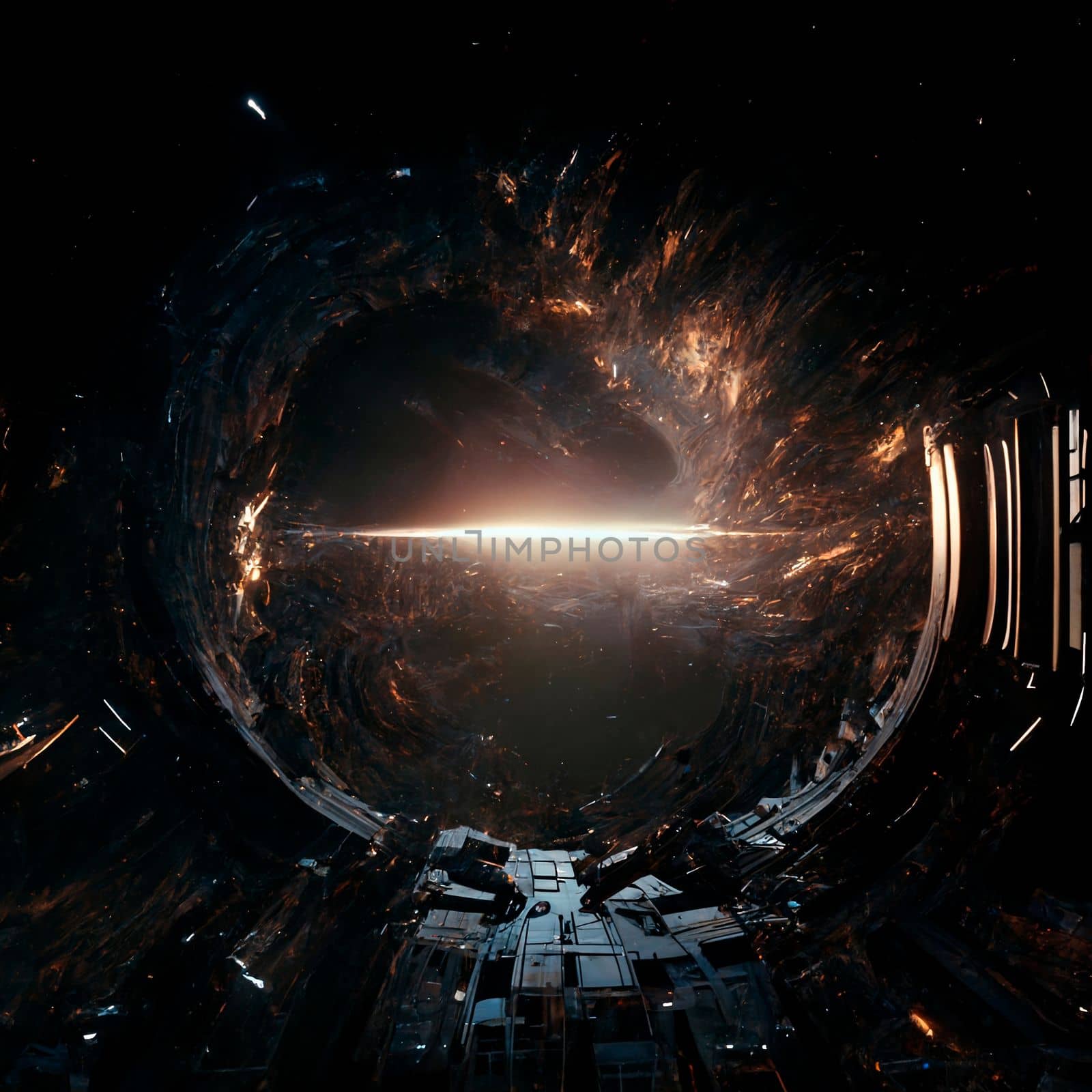 Space portal, space view, event horizon. Universe of Interstellar. High quality illustration