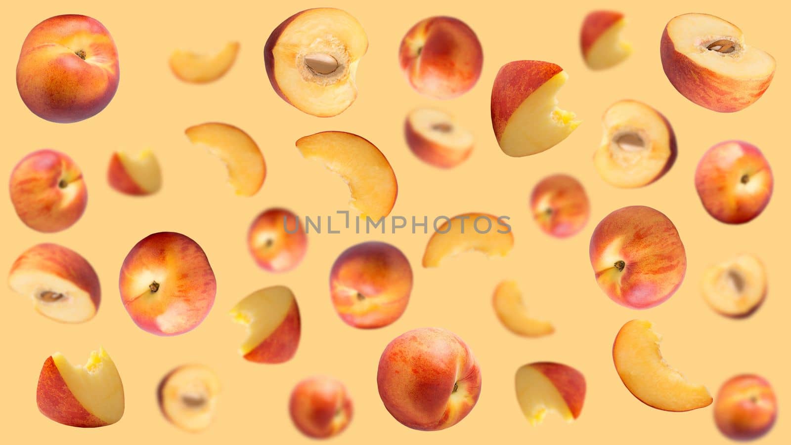 Falling peaches on apricot color pastel surface for advertisement by Ciorba