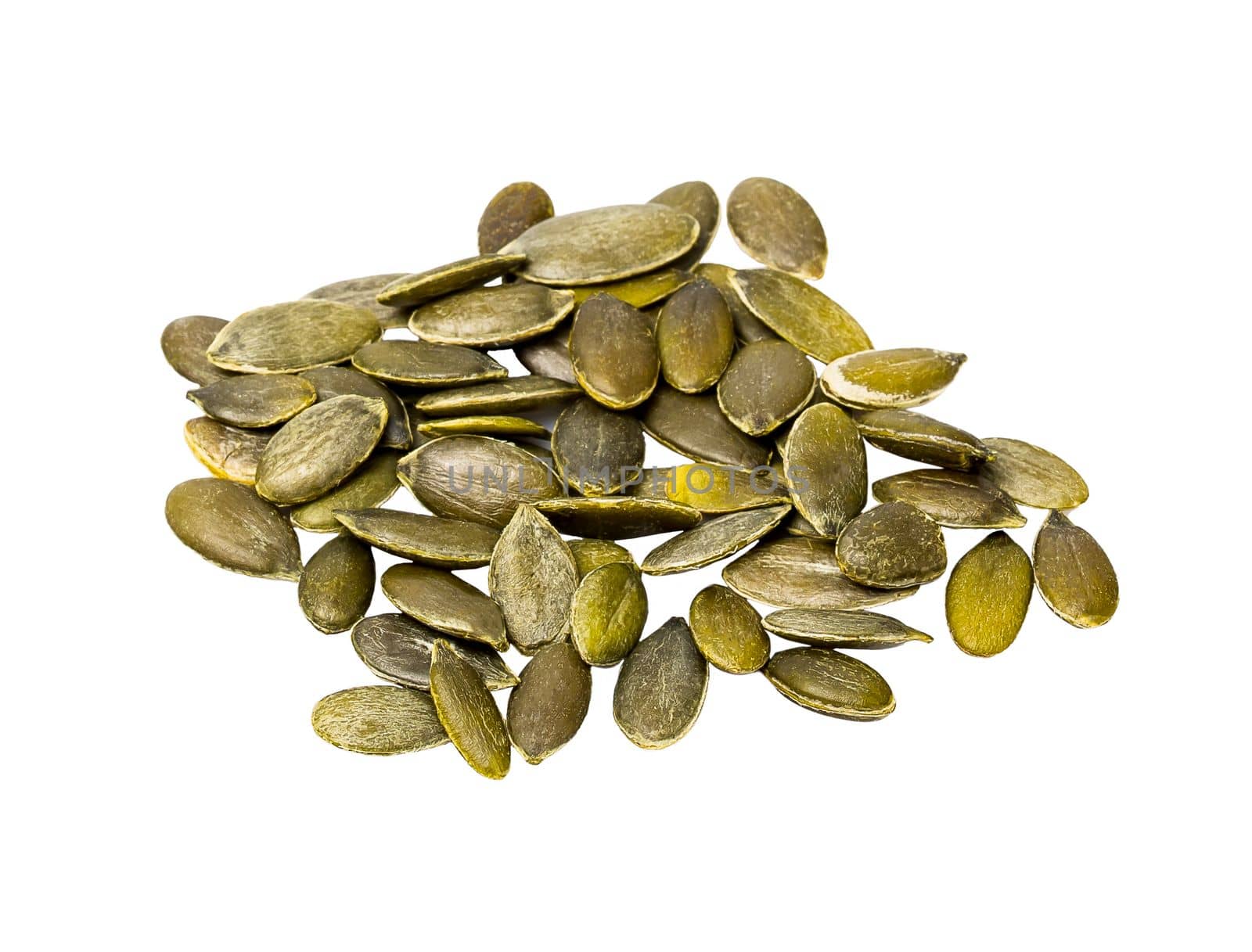 Bunch of pumpkin seeds isolated on white. Top view. Organic food