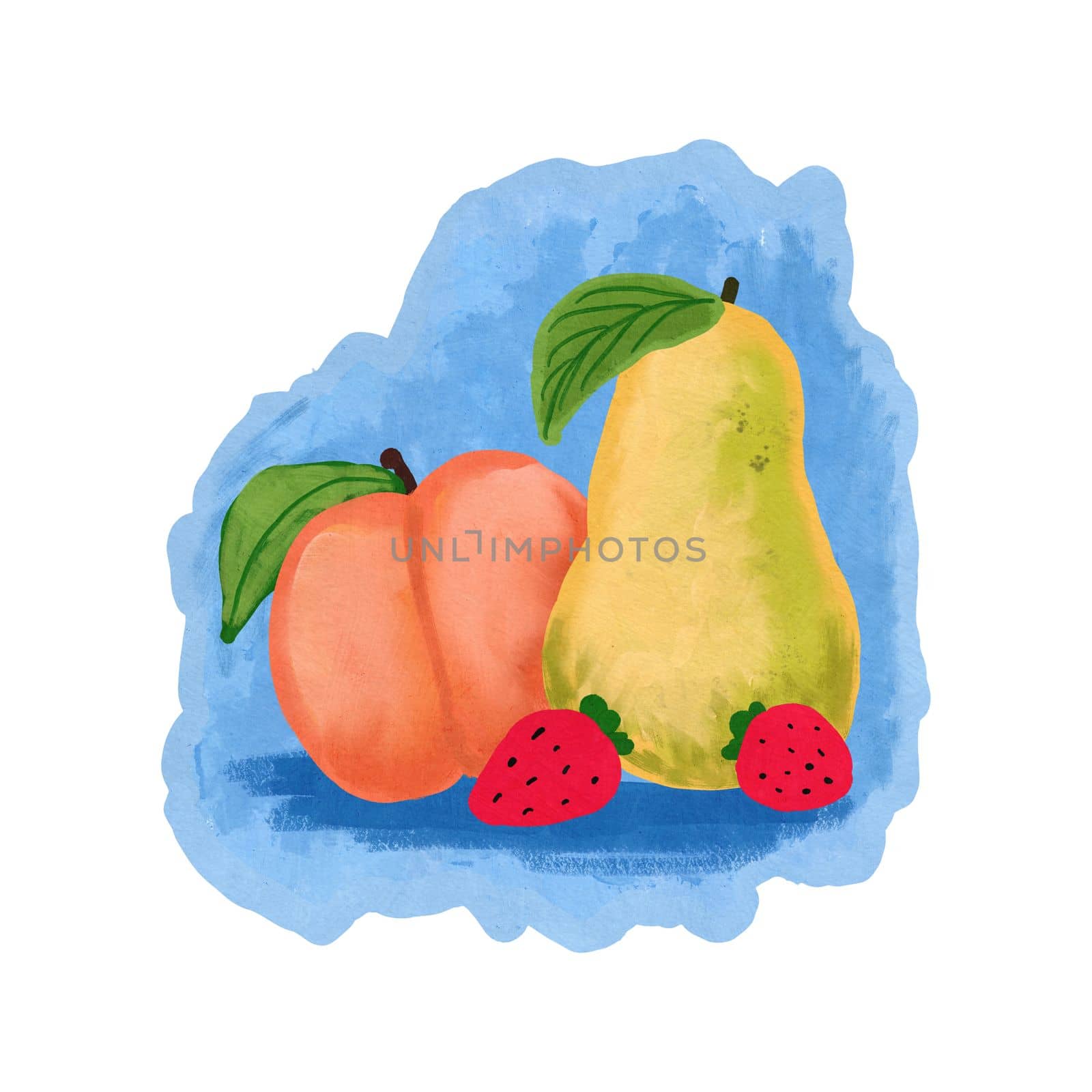 Hand drawn illustration still life of red strawberry yellow pear reach on blue background. Bright summer fruit composition, tropical diet vitamins, retro vintage style, healthy eating, messy painterly sketch. by Lagmar