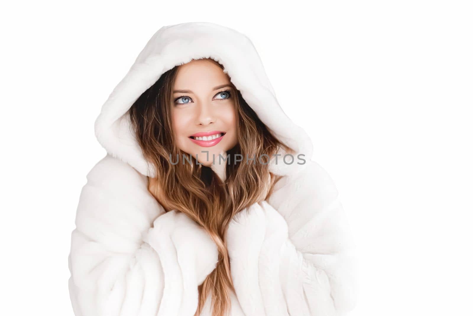 Winter fashion and beauty, beautiful woman in white fur coat by Anneleven