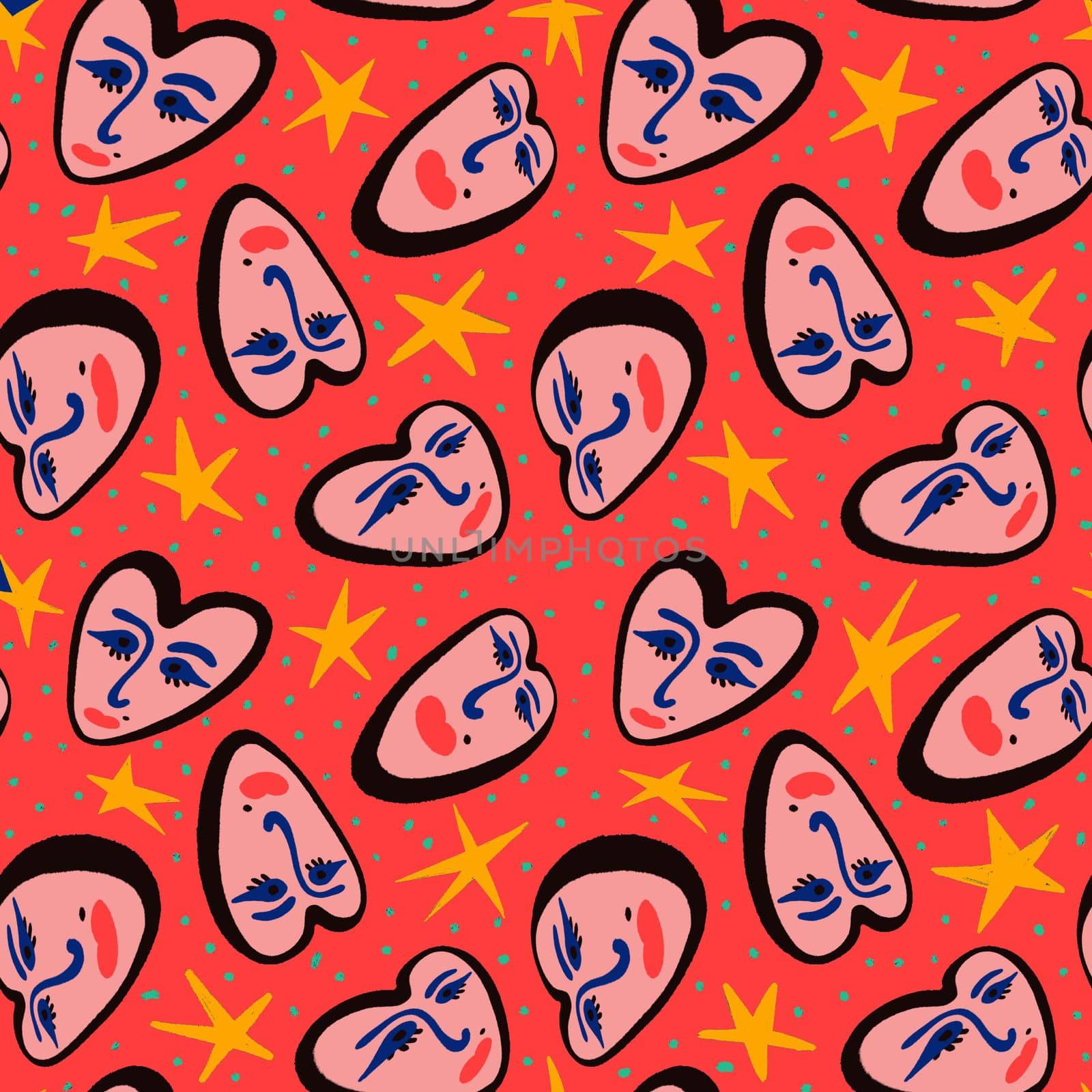 Valentines Day pattern with funky hearts. Groovy cute love characters. Retro illustration