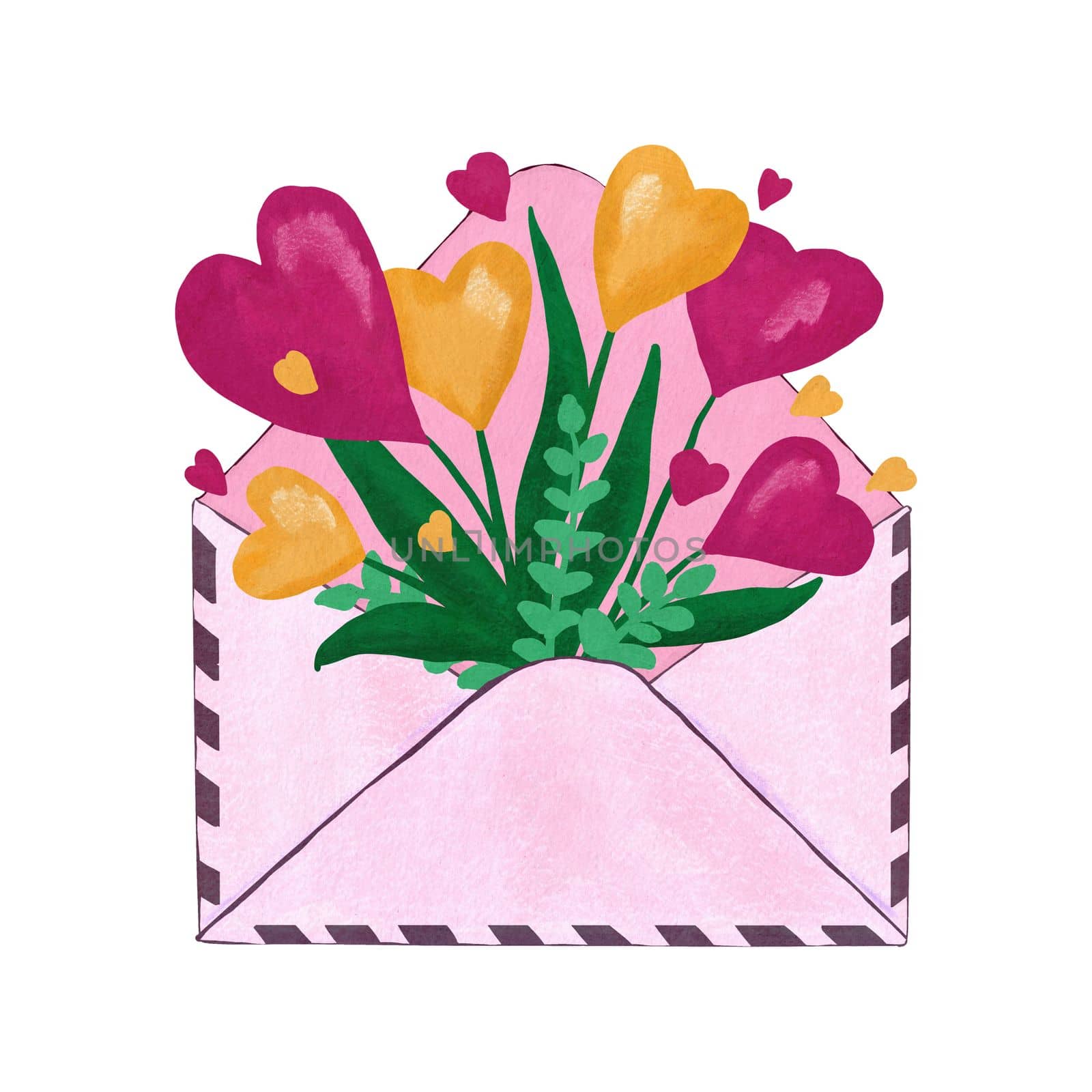 Hand drawn illustration of open letter envelope mailing list, sending business information invitation card. St valentine day hearts red pink yellow thank you card, cute floral design green leaves . by Lagmar