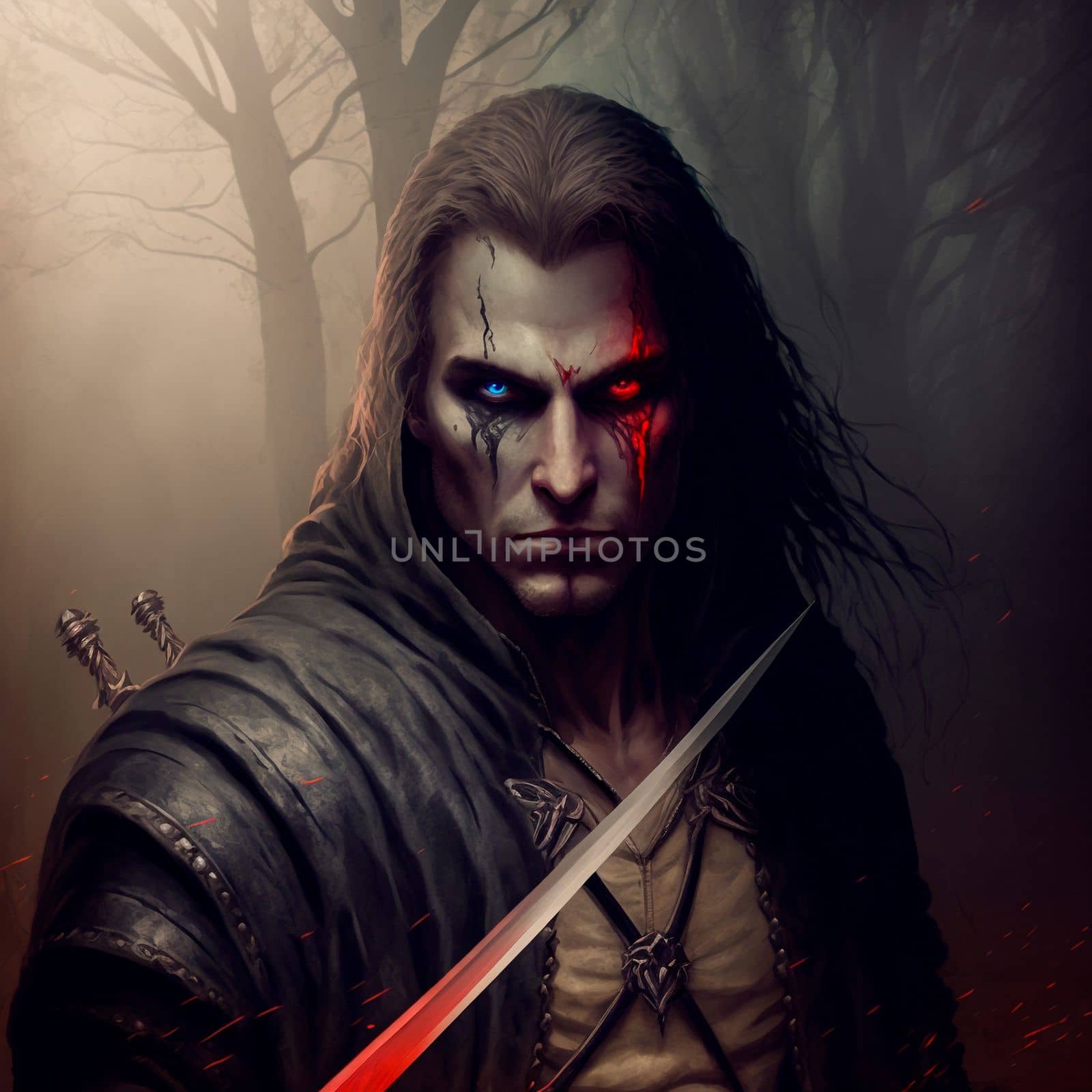 Terrible man with a sword in fantasy style. High quality illustration