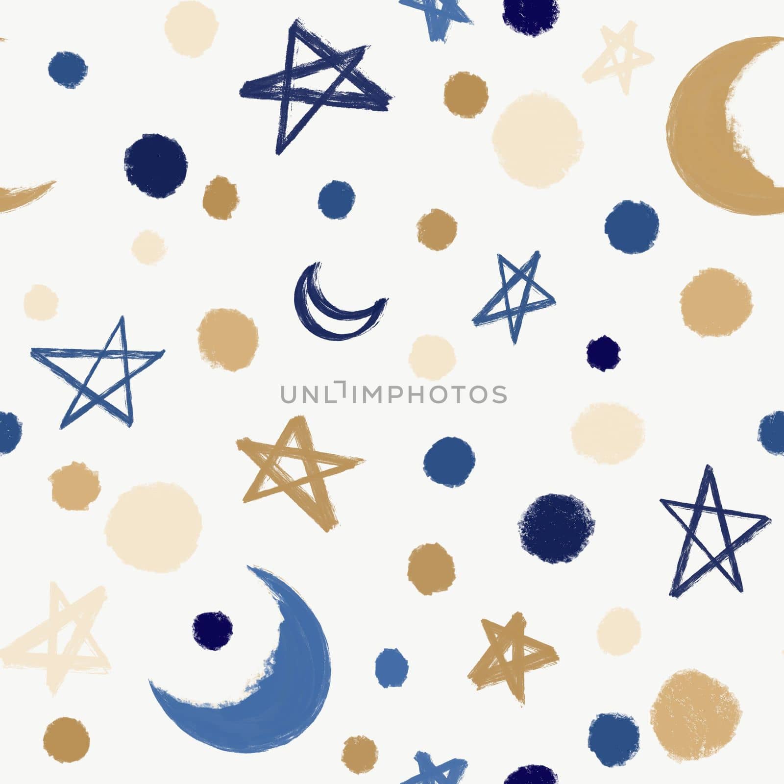 Festive Seamless festive backdrop with moon, stars and doodles. Christmas background for wrapping paper, surface textures, scrapbook