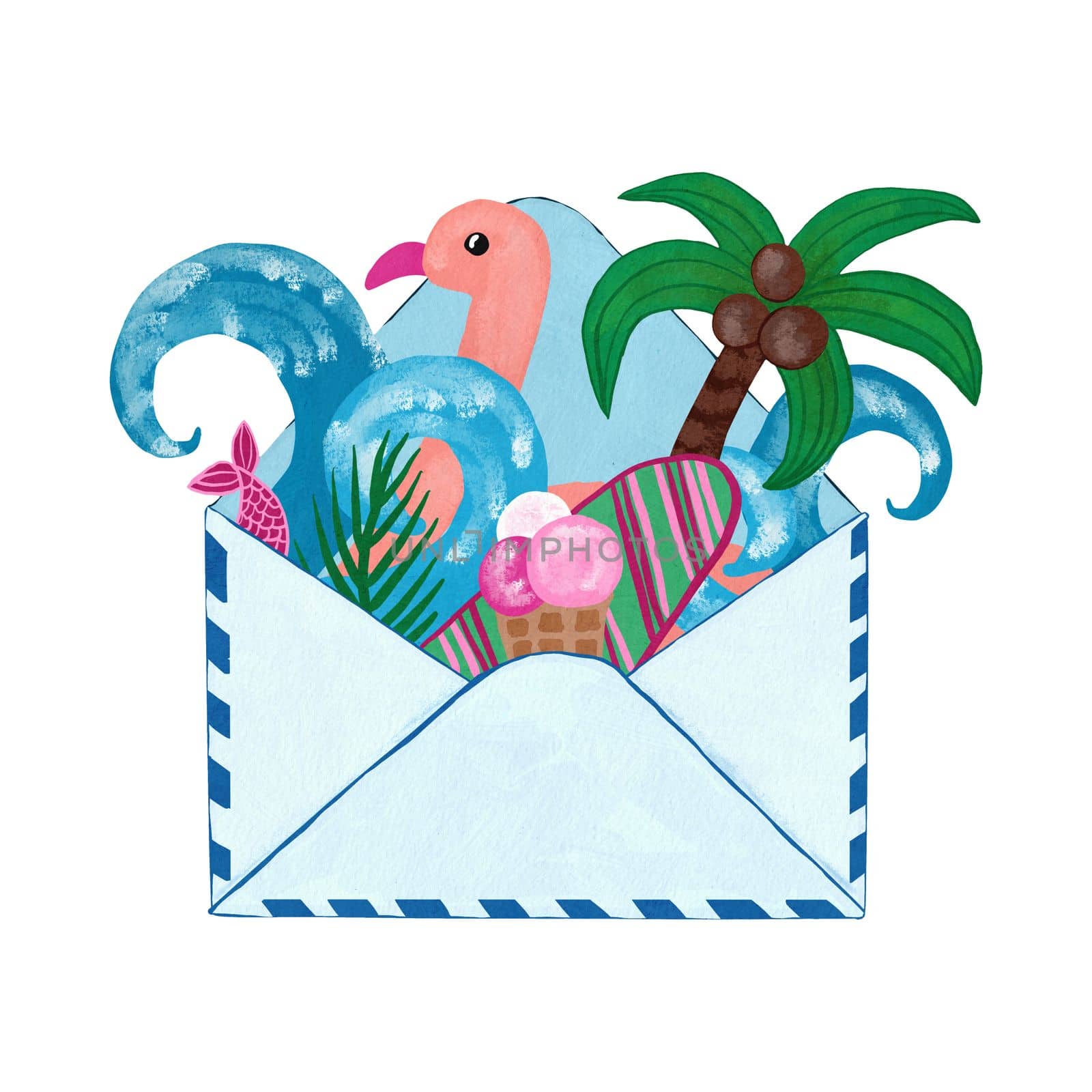 Hand drawn illustration of open letter envelope mailing list, sending business information invitation card. Summer sea ocean vacation tourism, palm blue waves ice cream, flamingo relaxation surf concept. by Lagmar