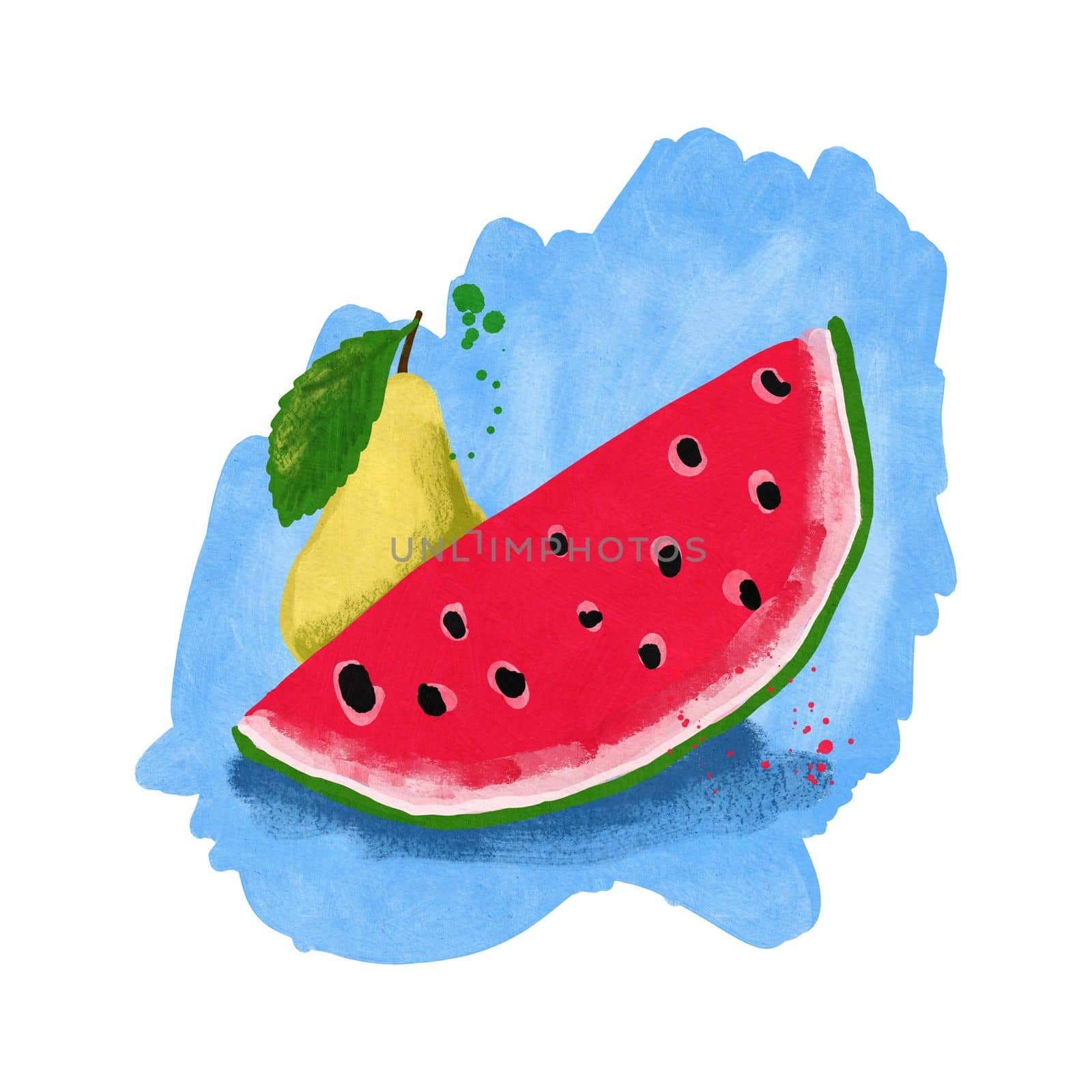 Hand drawn illustration still life of red watermelon yellow pear on blue background. Bright summer fruit composition, tropical diet vitamins, retro vintage style, healthy eating, messy painterly sketch