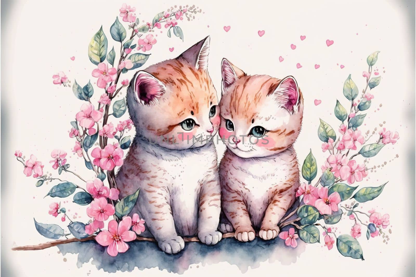 Cute little kitten in love on romantic Valentine's day hand drawn cartoon style. Generative AI