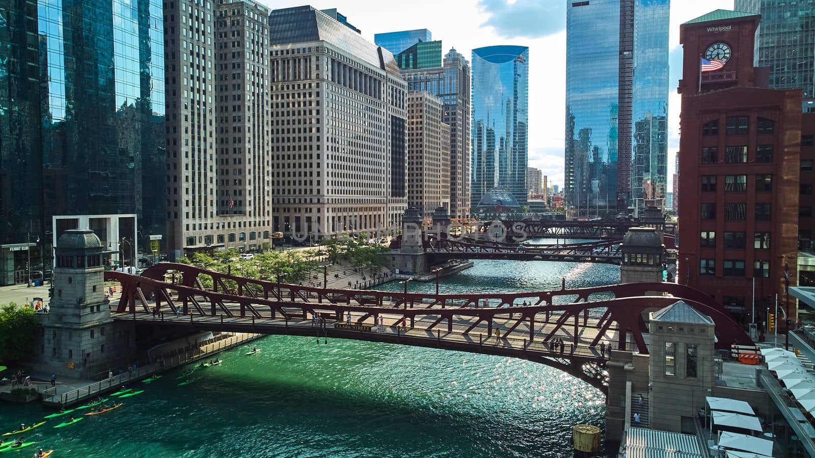 Image of Beautiful aerial view of bridge over Chicago ship canals surrounded by skyscrapers