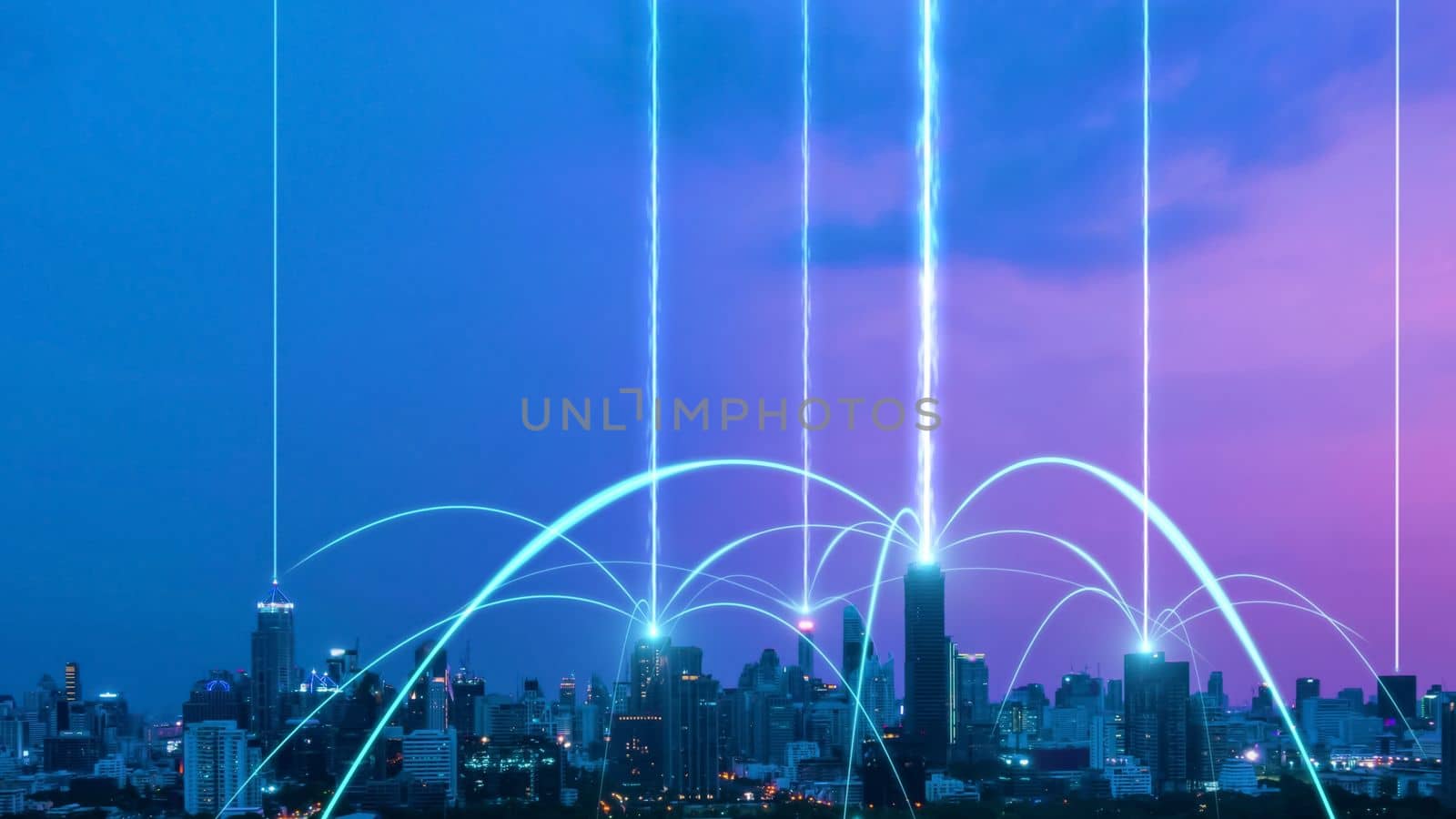 Smart digital city with connection network reciprocity over the cityscape . Concept of future smart wireless digital city and social media networking systems that connects people within the city .