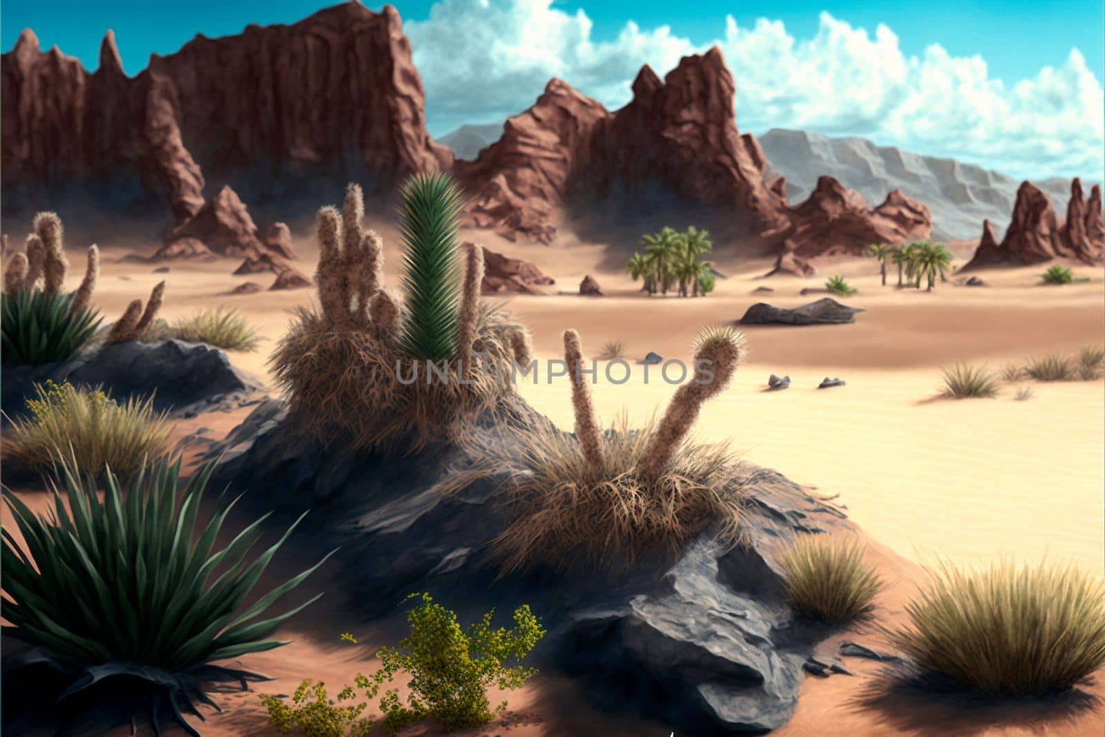 desert with mountains, cacti, bushes. High quality illustration