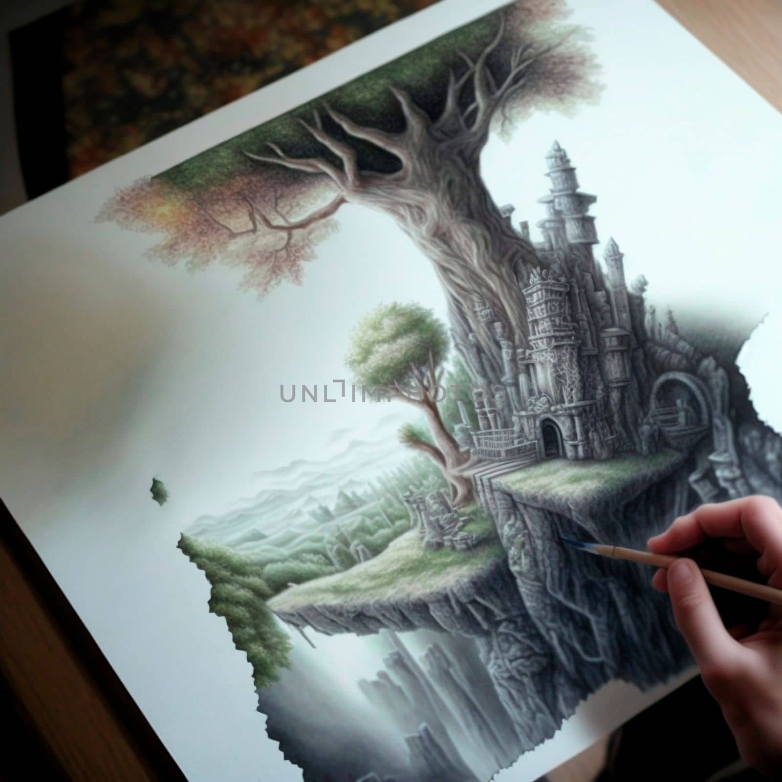 Illustration of the fantasy world on a piece of paper. High quality illustration