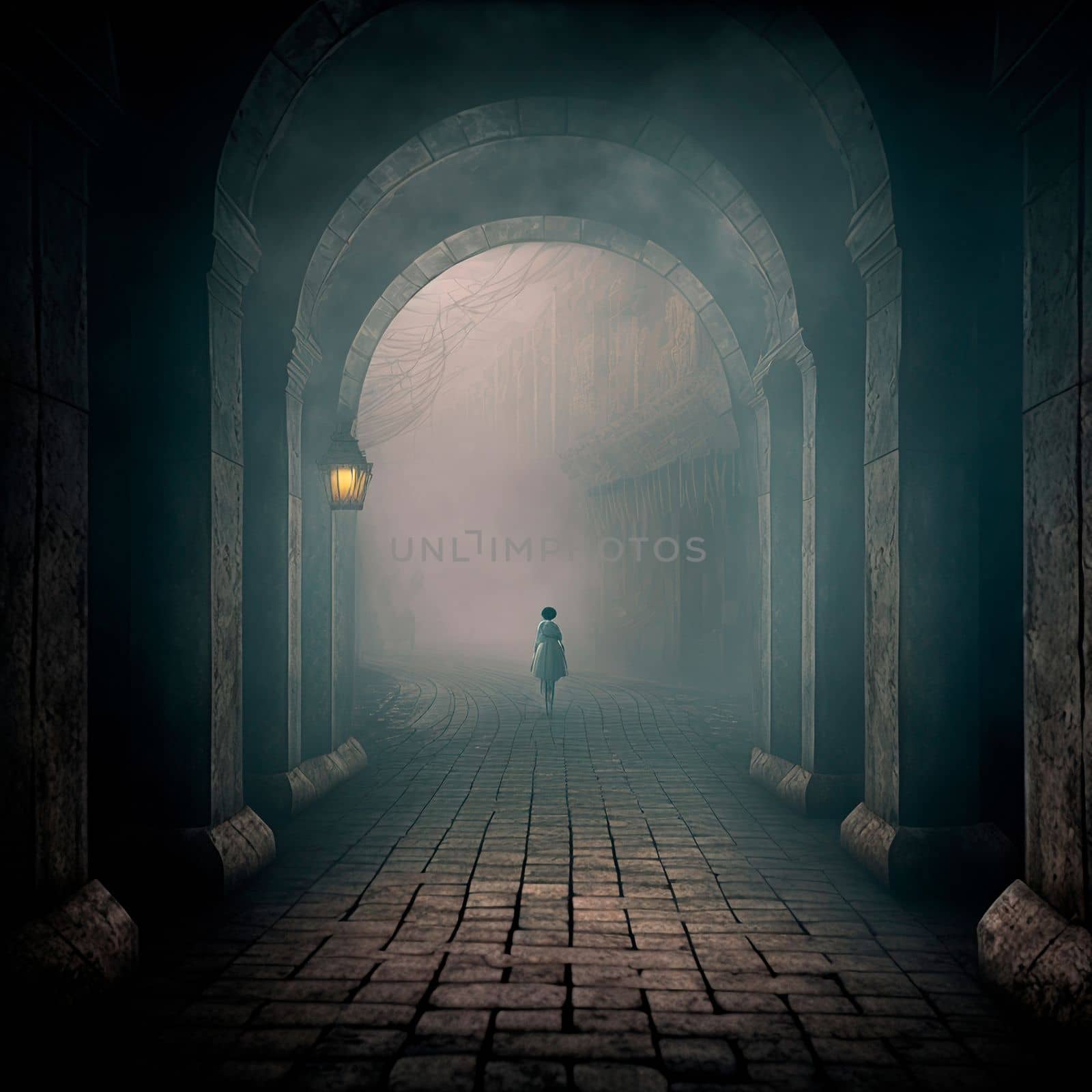 The lonely figure of a girl in a gloomy city. High quality illustration