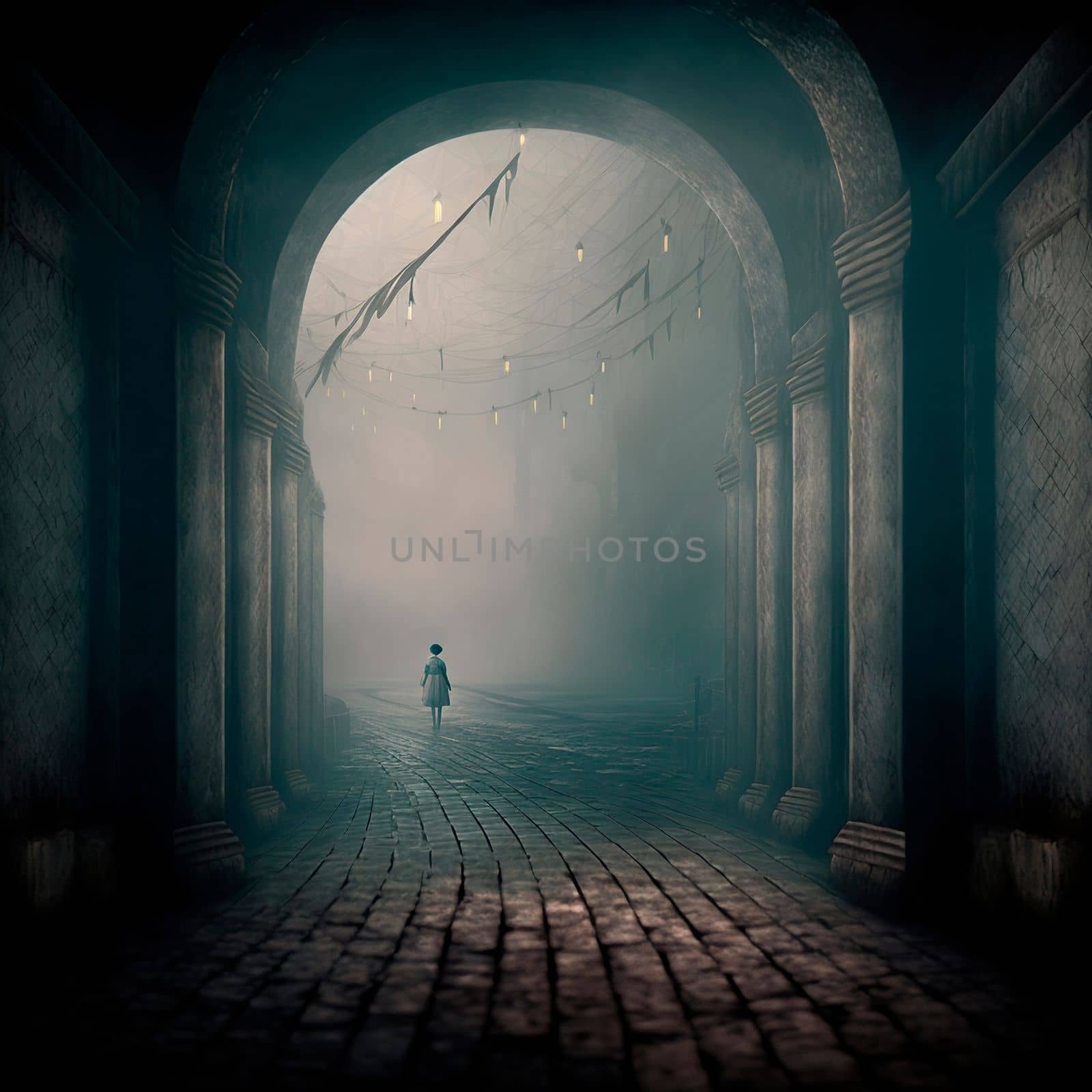 The lonely figure of a girl in a gloomy city. High quality illustration