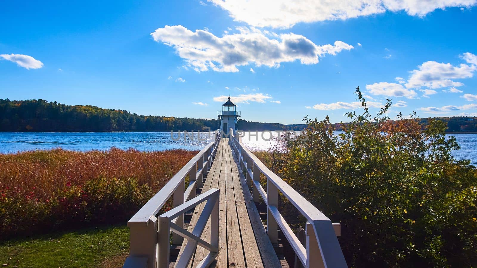 Small boardwalk pedestrian walkway bridge with gate leading towards tiny Maine lighthouse by njproductions