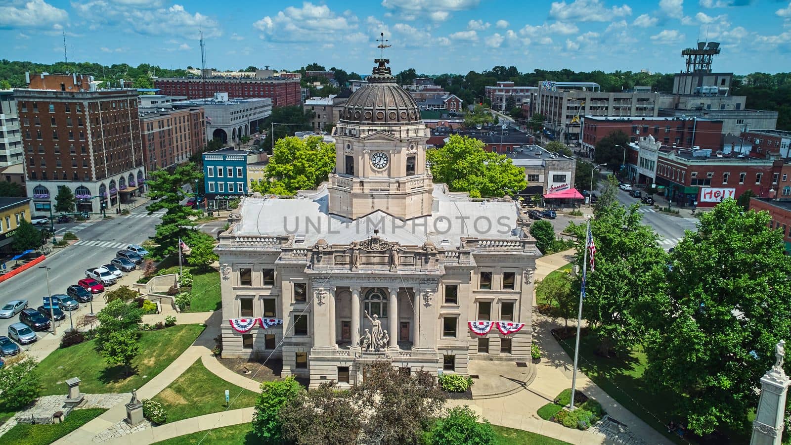 Exterior aerial of beautiful Bloomington Indiana Courthouse on Square by njproductions