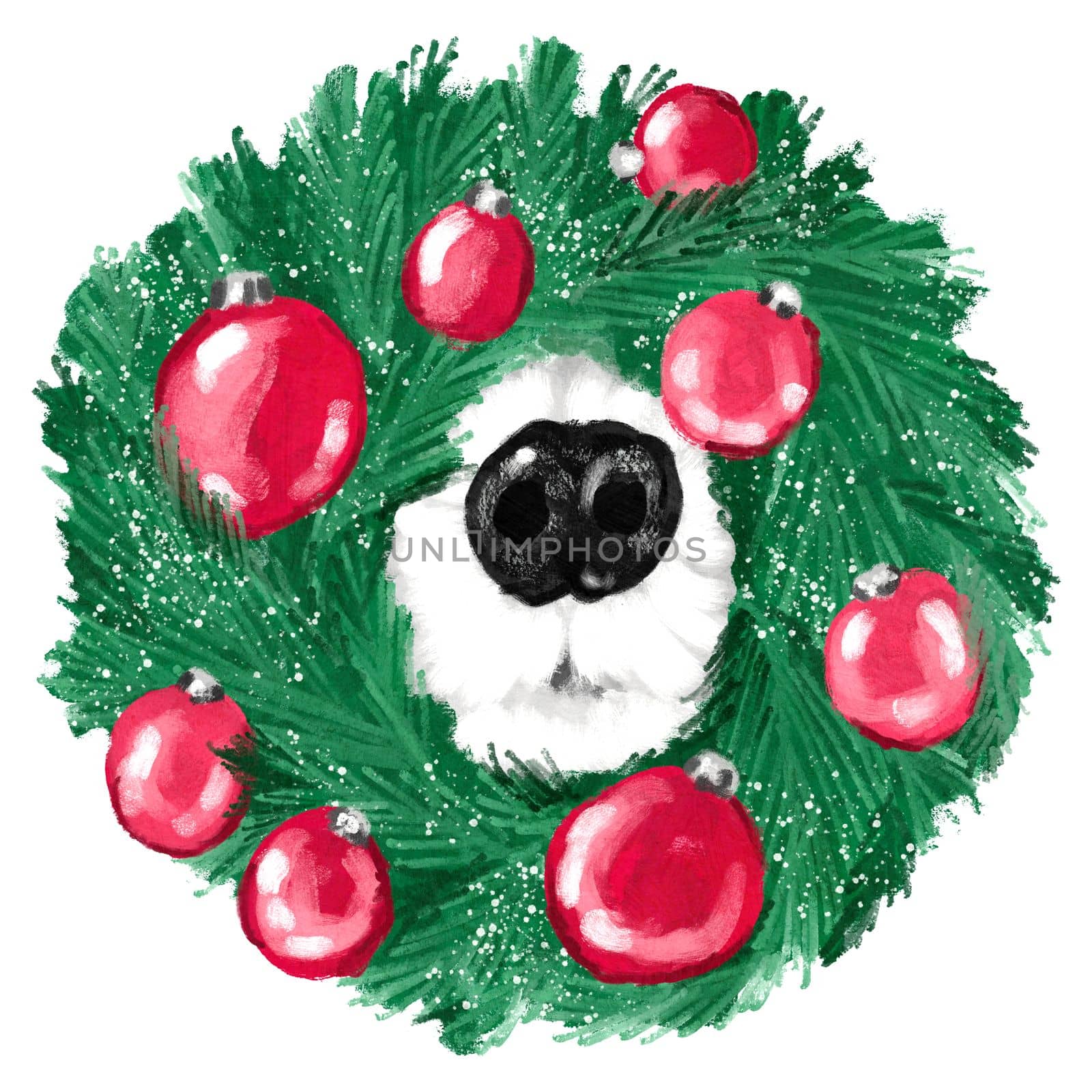 Hand drawn illustration of pet dog black nose in green christmas wreath red ornaments. Cute funny design for winter card invitation poster. December animal canine pedigree merry cartoon