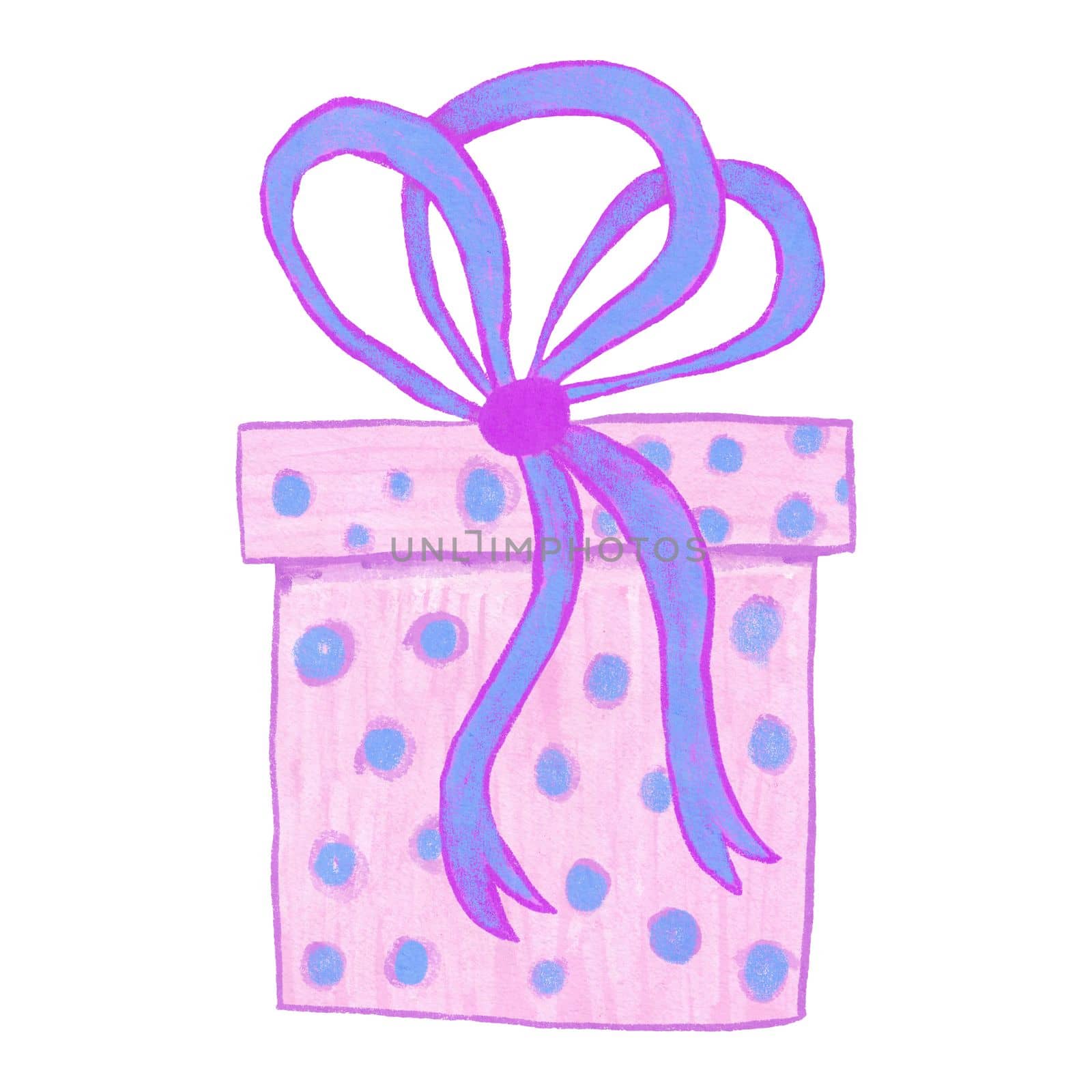 Hand drawn illustration of pink blue ift present box with ribbon bow. Cute funny bright birthday celebration decoration party, festive greeting decor, colorful sale concept event. by Lagmar